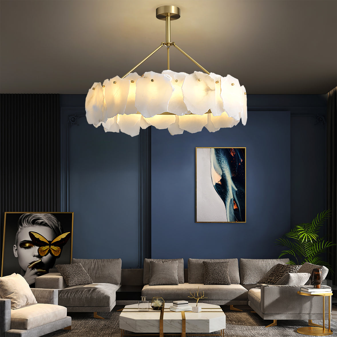 Burton Chandelier Alabaster Layered Halo - Neutralighting
