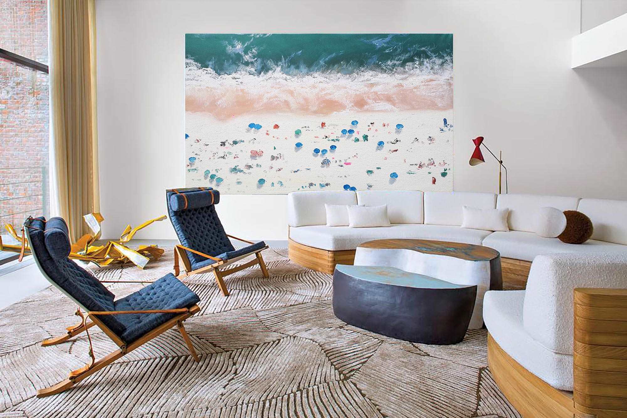 Teal‑Pink‑White Horizontal Beach‑Scene Impasto‑Textured Artwork