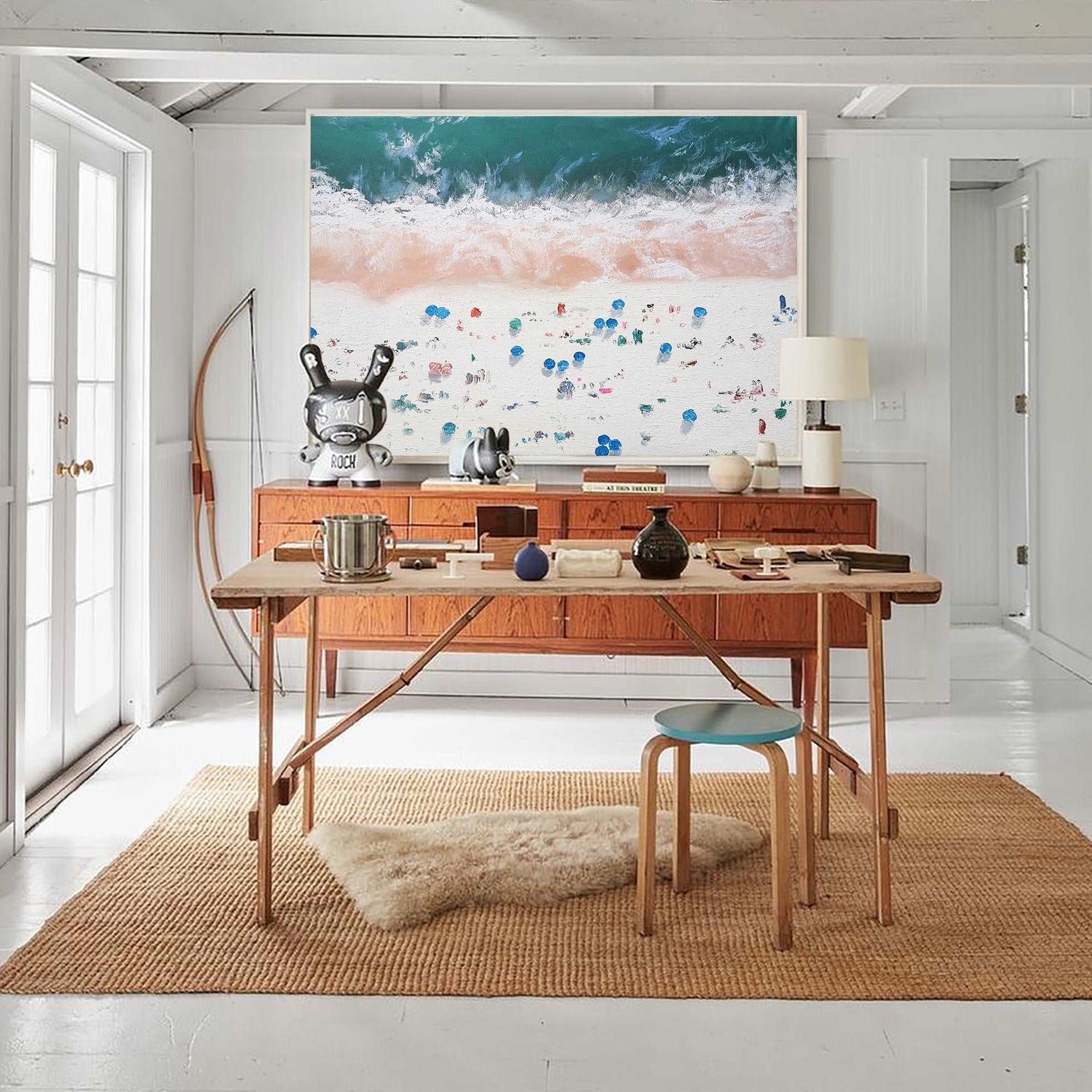 Teal‑Pink‑White Horizontal Beach‑Scene Impasto‑Textured Artwork