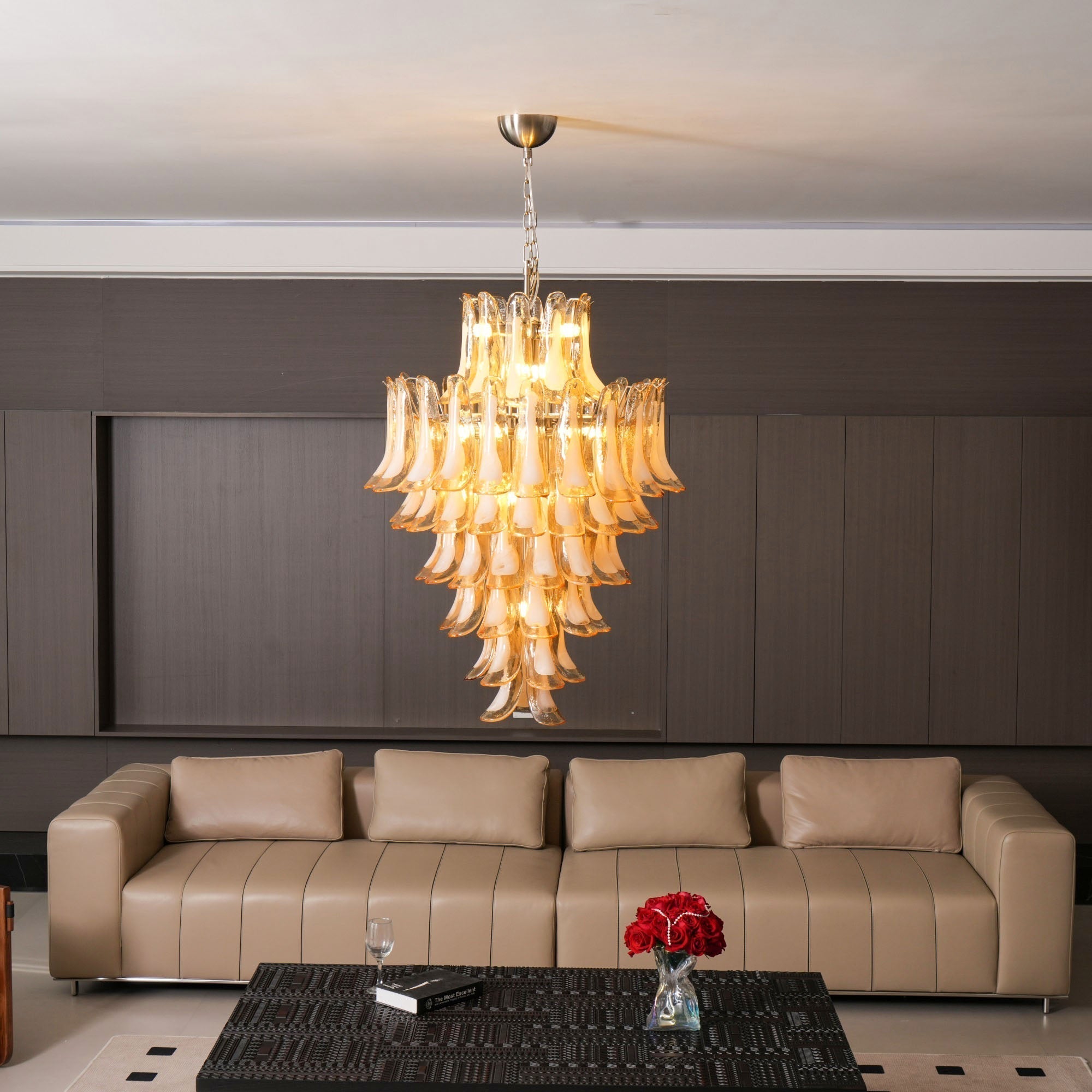 Aurora Chandelier Amber Murano Glass Petal Layered Luxury