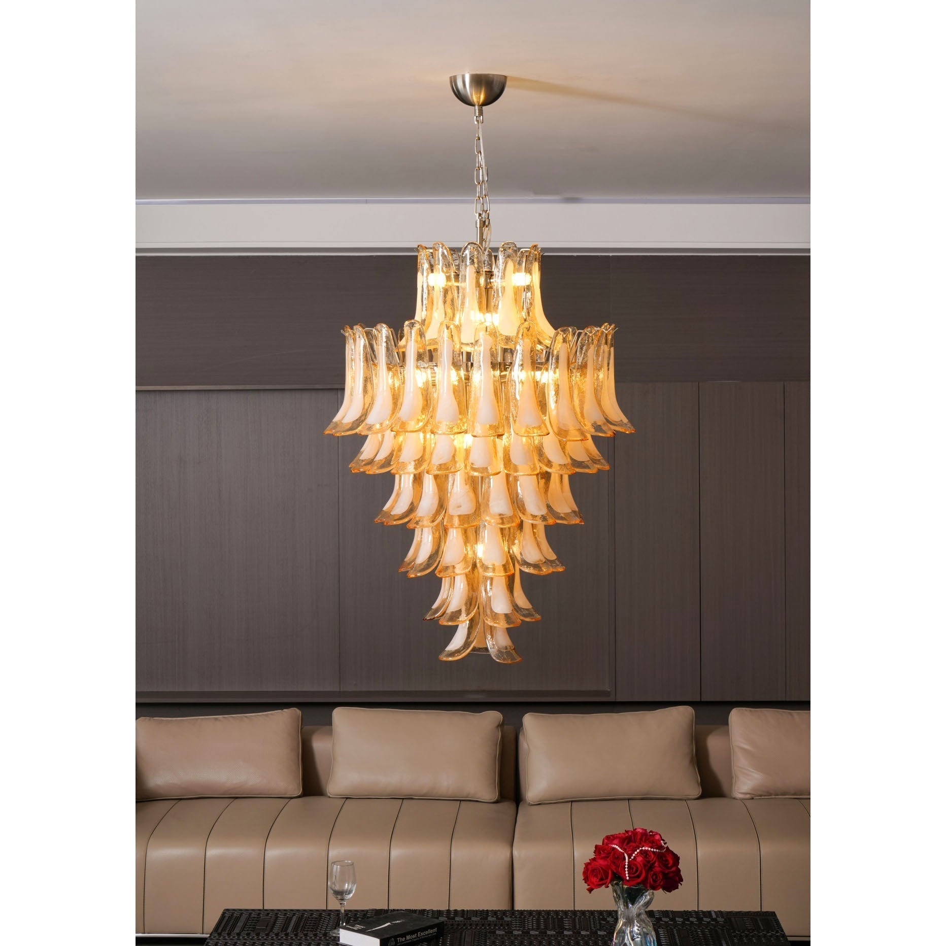 Aurora Chandelier Amber Murano Glass Petal Layered Luxury
