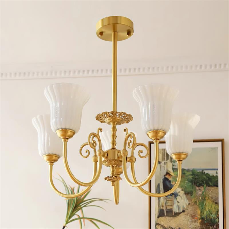 Chandelier with Brass Arms White Glass Shades Opulent Luxe - Neutralighting