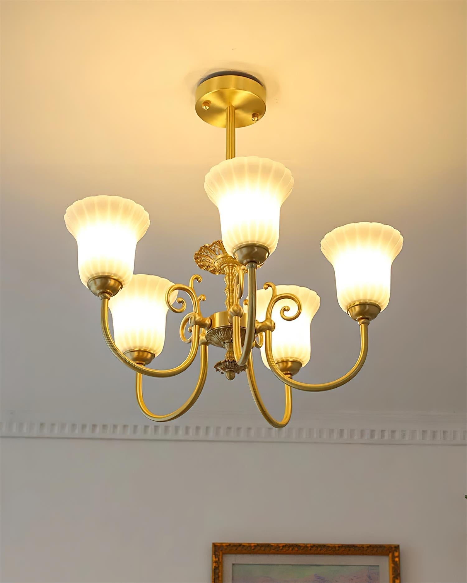 Chandelier with Brass Arms White Glass Shades Opulent Luxe - Neutralighting