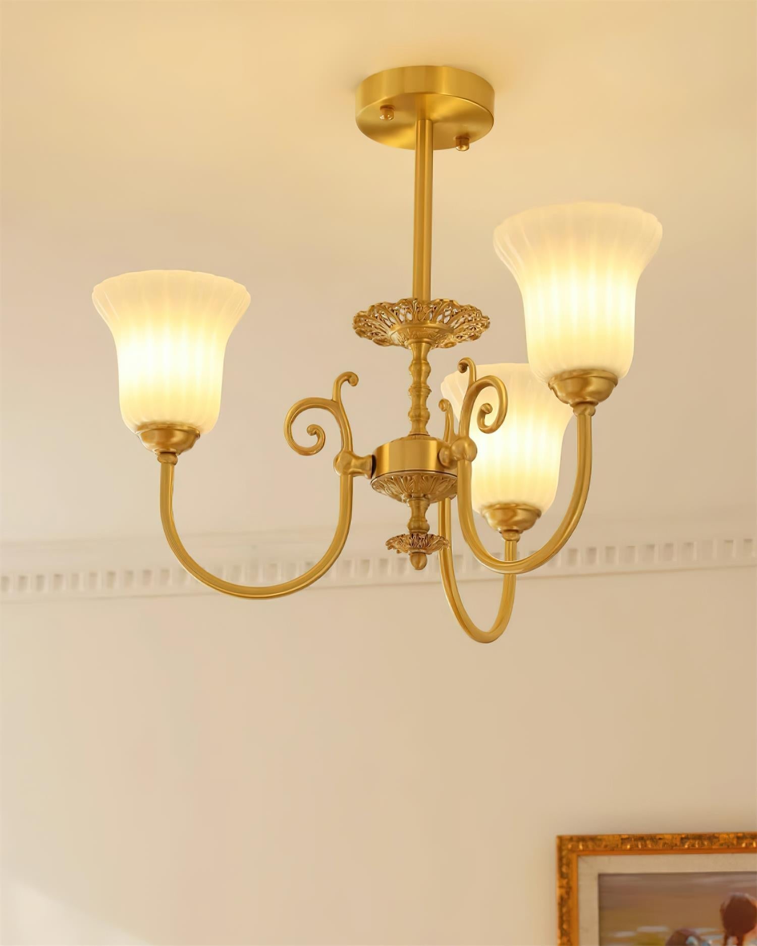 Chandelier with Brass Arms White Glass Shades Opulent Luxe - Neutralighting