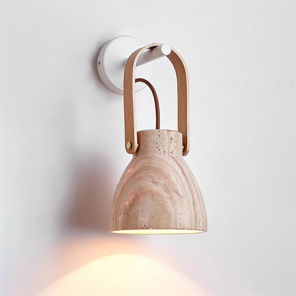 Wall Lamp Metal Body Wood Strap Travertine Shade Minimalist - Neutralighting