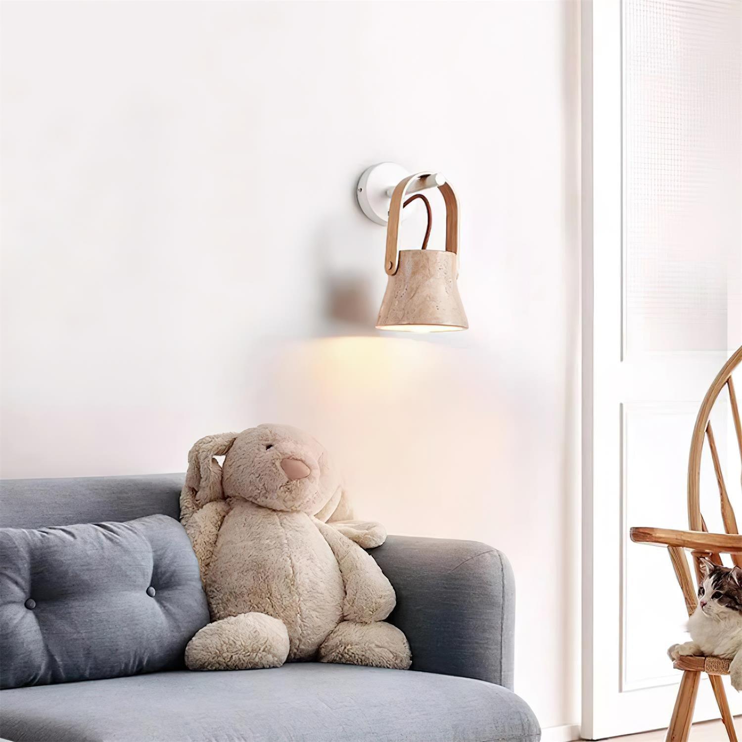 Wall Lamp Metal Body Wood Strap Travertine Shade Minimalist - Neutralighting