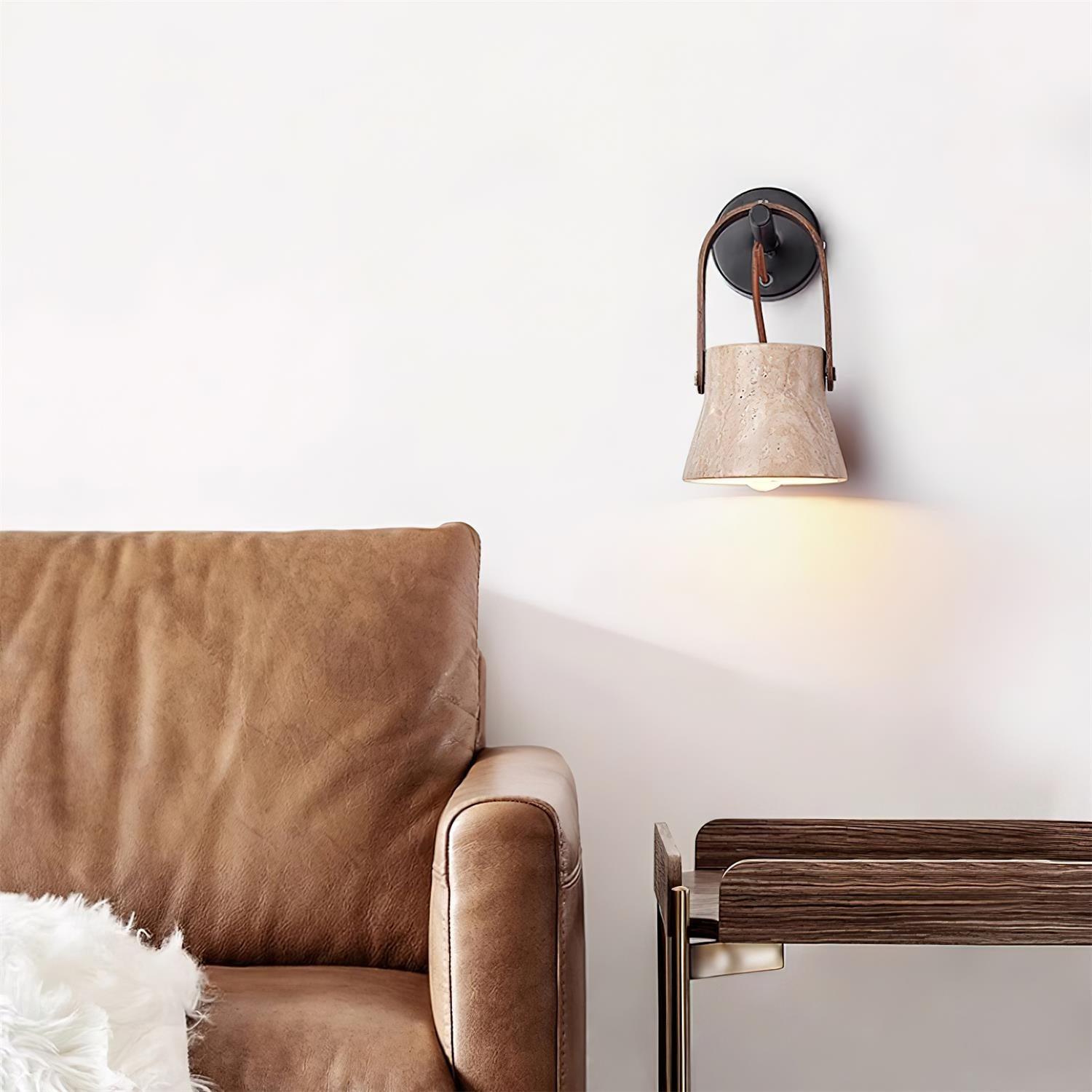 Wall Lamp Metal Body Wood Strap Travertine Shade Minimalist - Neutralighting