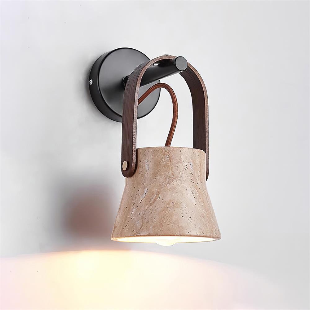 Wall Lamp Metal Body Wood Strap Travertine Shade Minimalist - Neutralighting