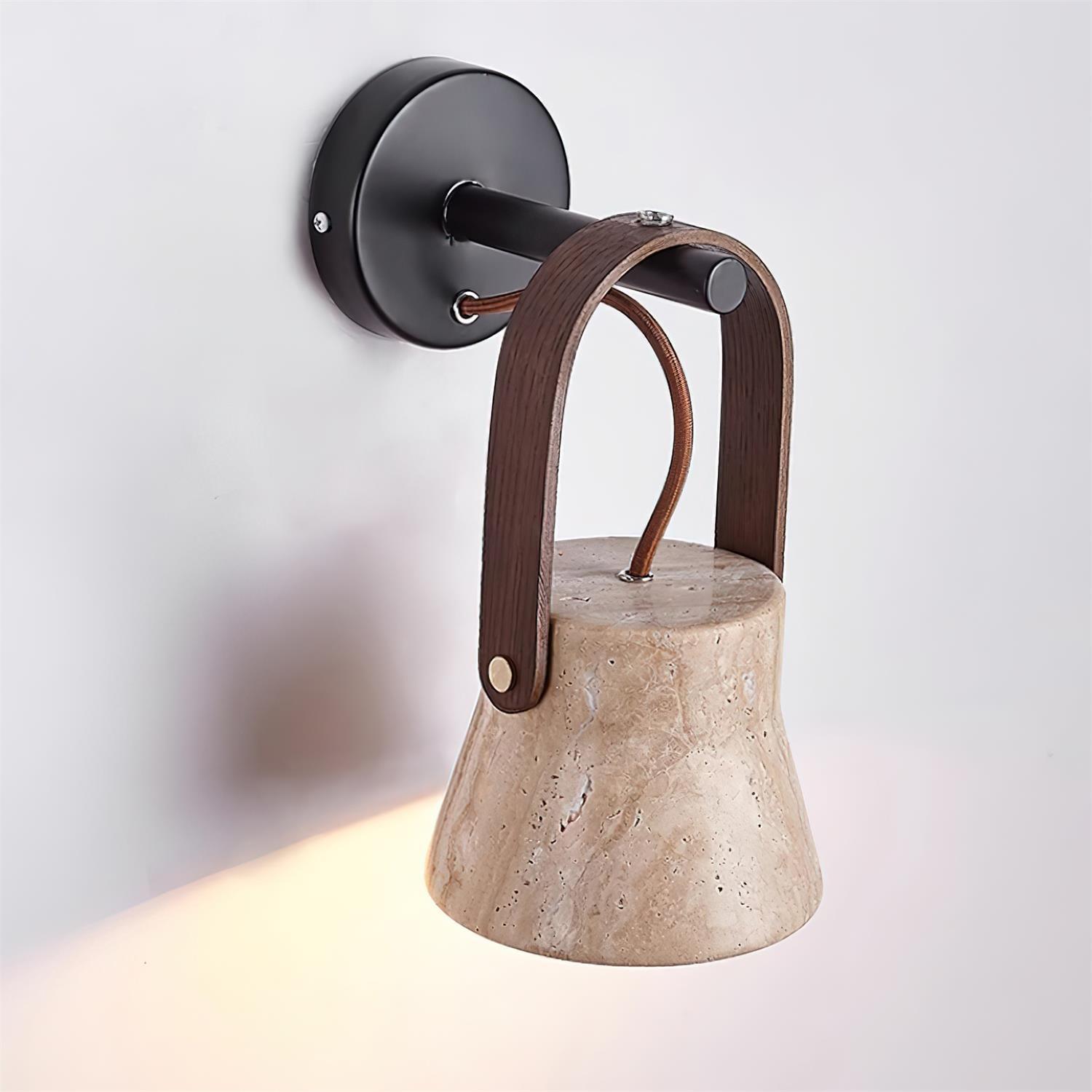 Wall Lamp Metal Body Wood Strap Travertine Shade Minimalist - Neutralighting