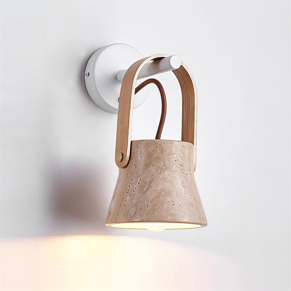 Wall Lamp Metal Body Wood Strap Travertine Shade Minimalist - Neutralighting