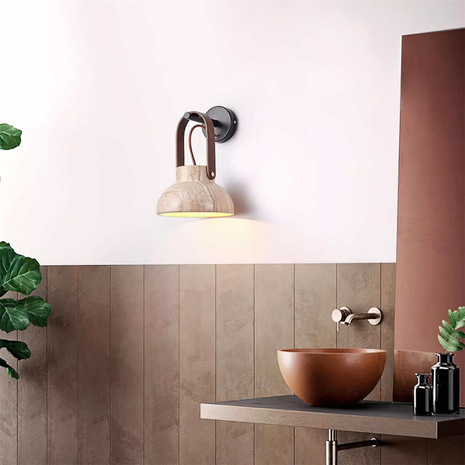 Wall Lamp Metal Body Wood Strap Travertine Shade Minimalist - Neutralighting