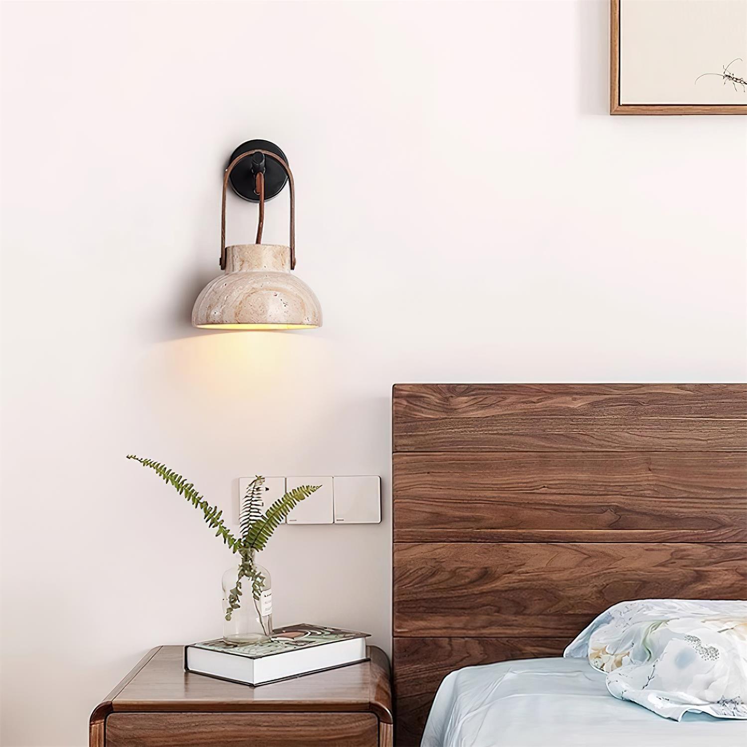 Wall Lamp Metal Body Wood Strap Travertine Shade Minimalist - Neutralighting