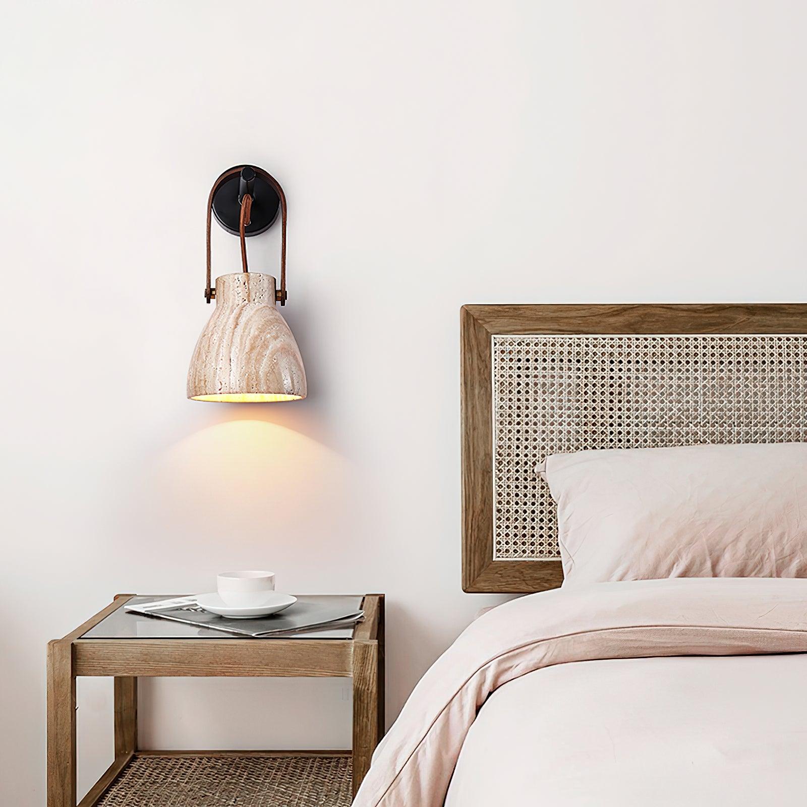 Wall Lamp Metal Body Wood Strap Travertine Shade Minimalist - Neutralighting