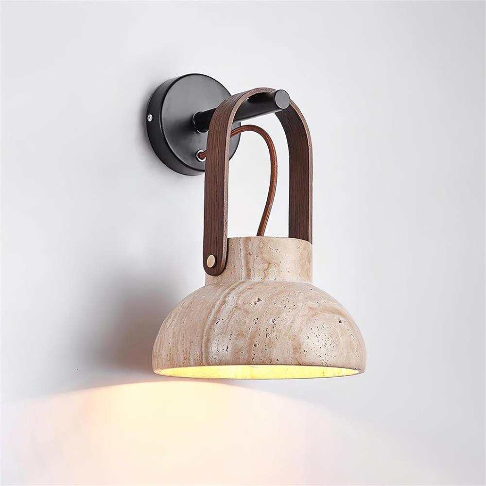 Wall Lamp Metal Body Wood Strap Travertine Shade Minimalist - Neutralighting