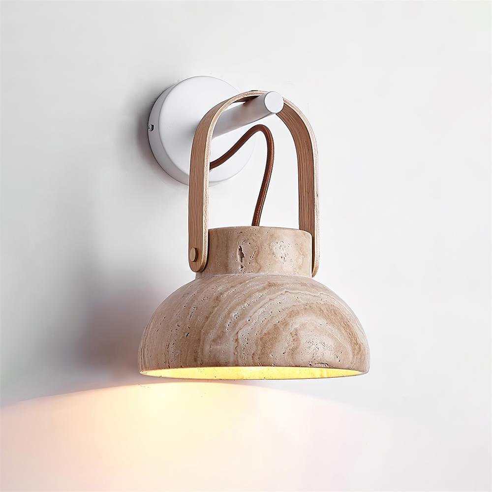 Wall Lamp Metal Body Wood Strap Travertine Shade Minimalist - Neutralighting