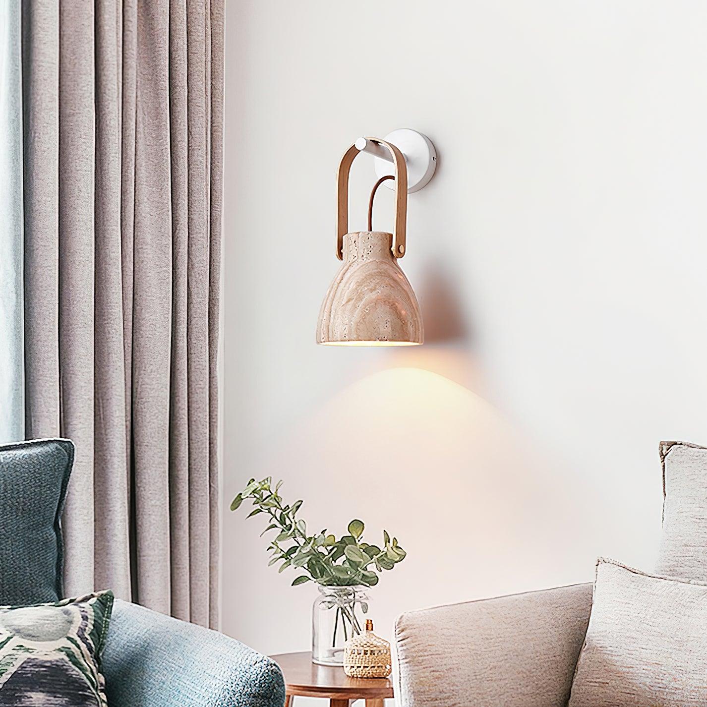 Wall Lamp Metal Body Wood Strap Travertine Shade Minimalist - Neutralighting