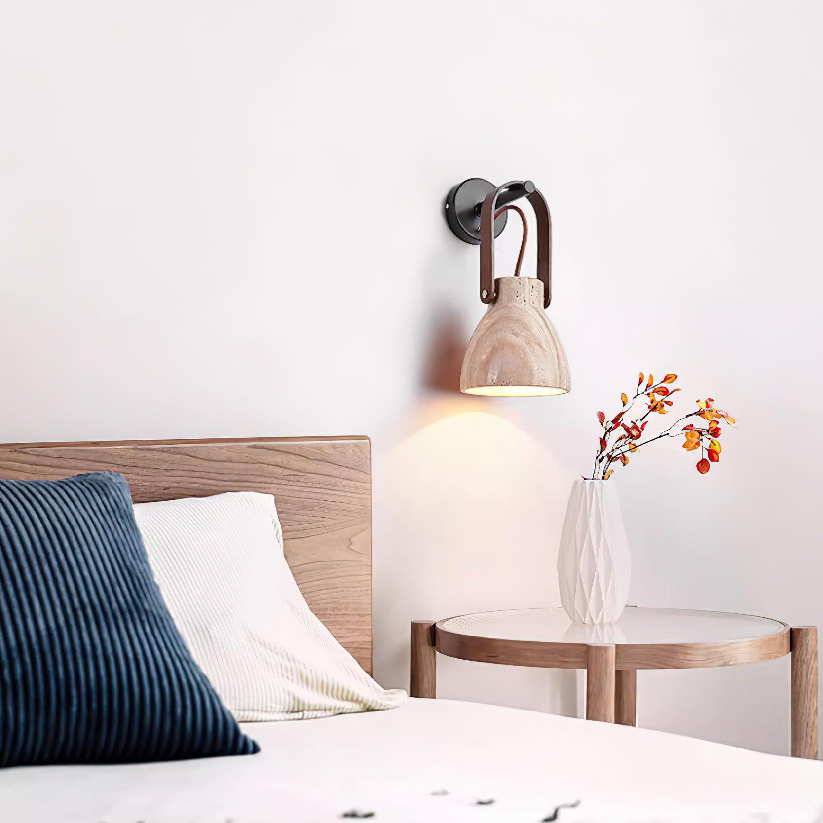 Wall Lamp Metal Body Wood Strap Travertine Shade Minimalist - Neutralighting