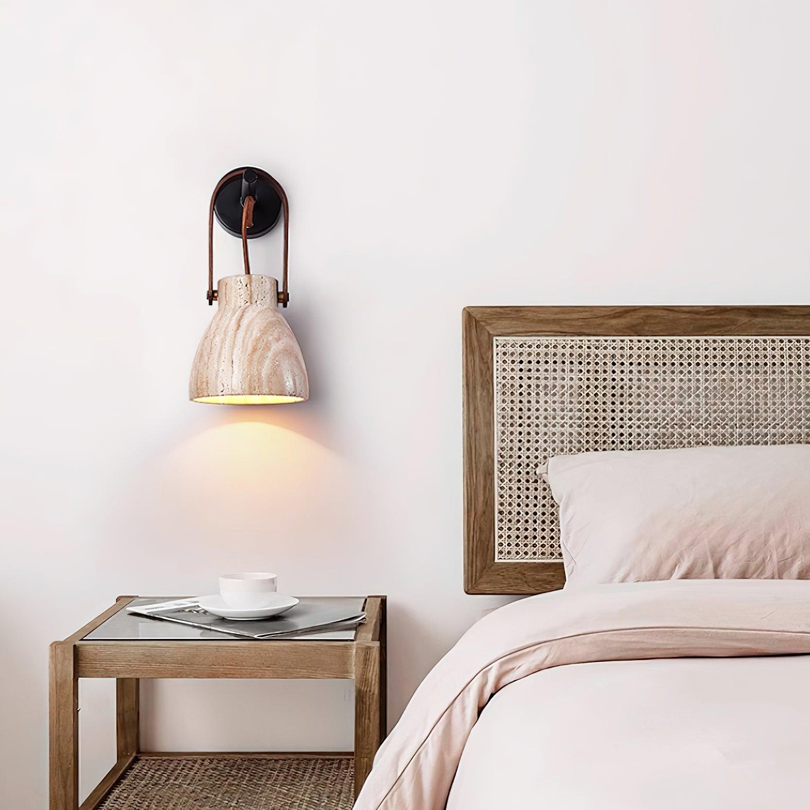 Wall Lamp Metal Body Wood Strap Travertine Shade Minimalist - Neutralighting