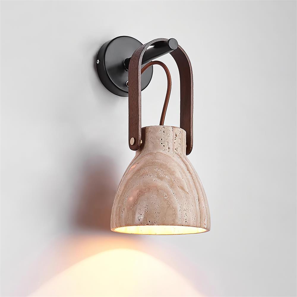 Wall Lamp Metal Body Wood Strap Travertine Shade Minimalist - Neutralighting