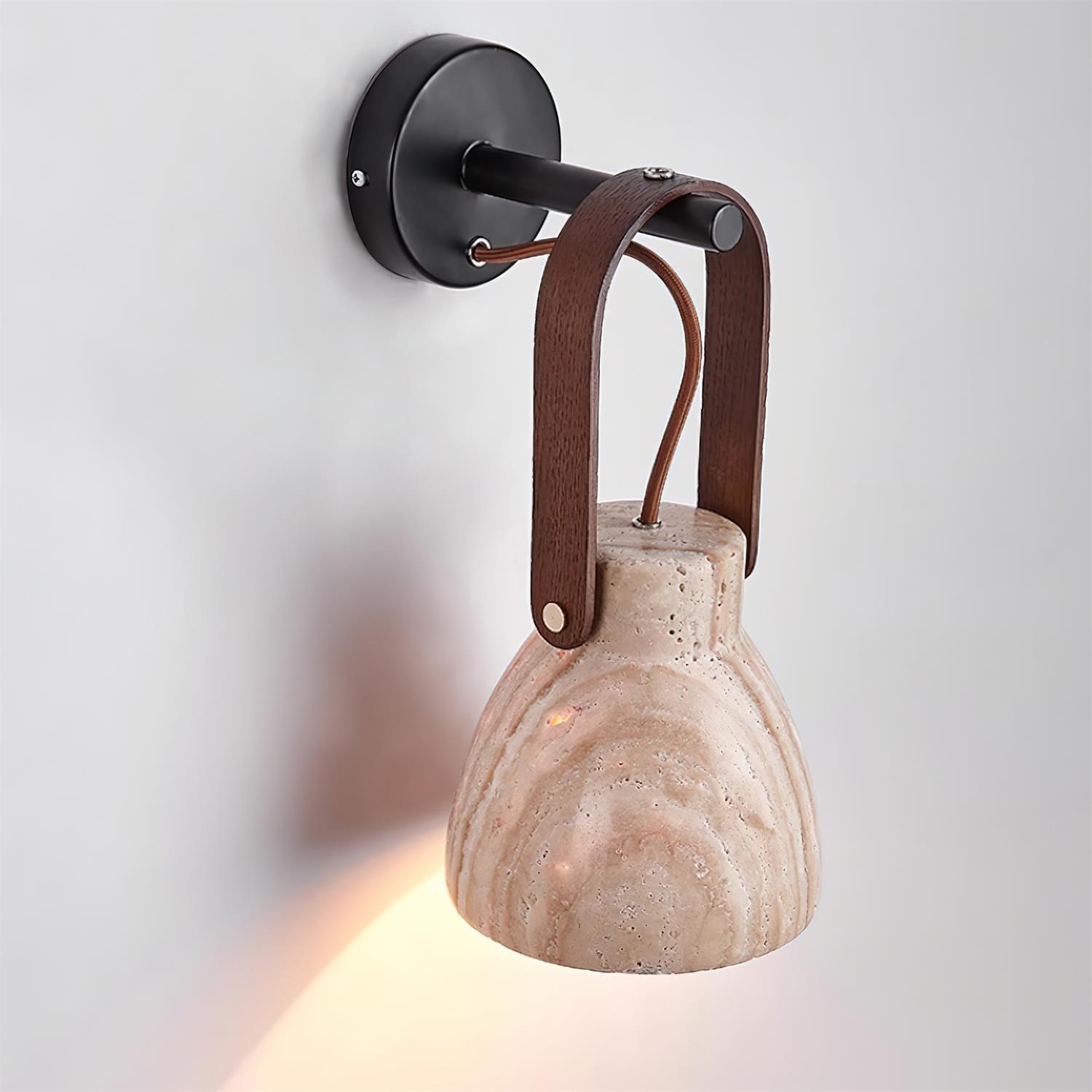 Wall Lamp Metal Body Wood Strap Travertine Shade Minimalist - Neutralighting
