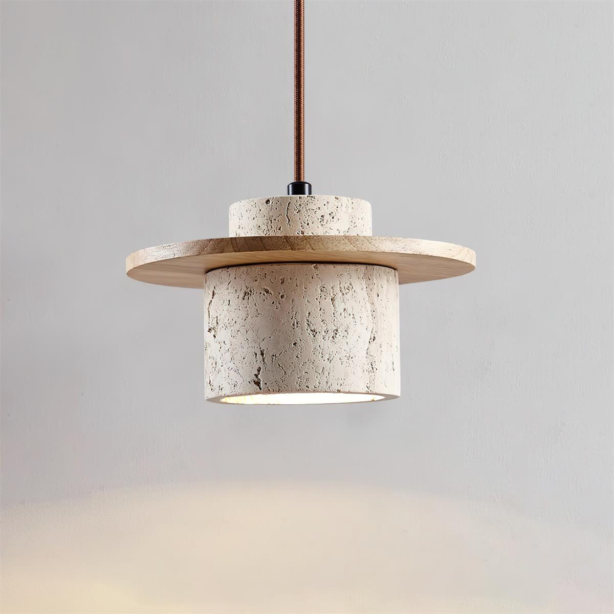 Pendant Lamp Travertine Cylinder Walnut Wood Disc Artisanal - Neutralighting