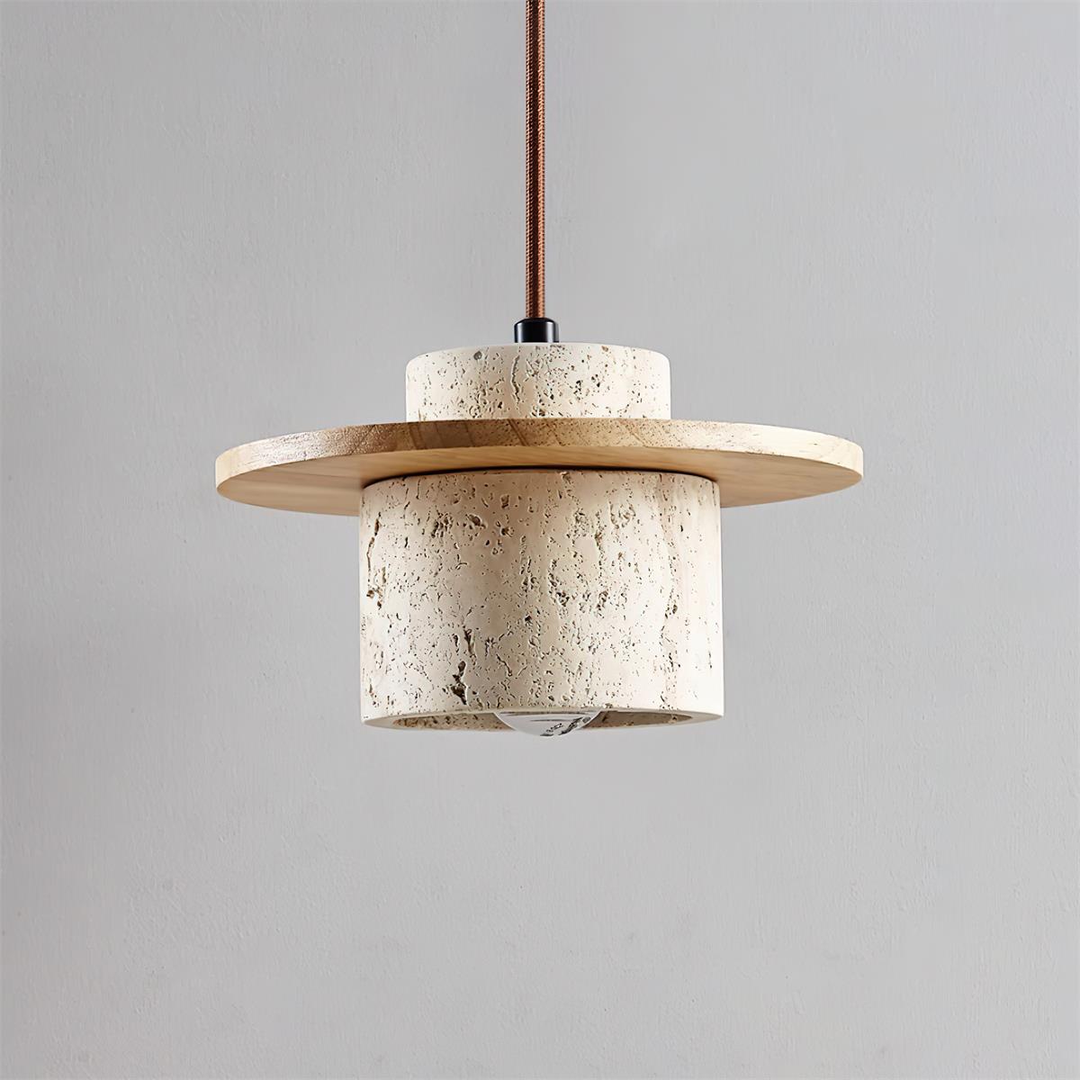 Pendant Lamp Travertine Cylinder Walnut Wood Disc Artisanal - Neutralighting