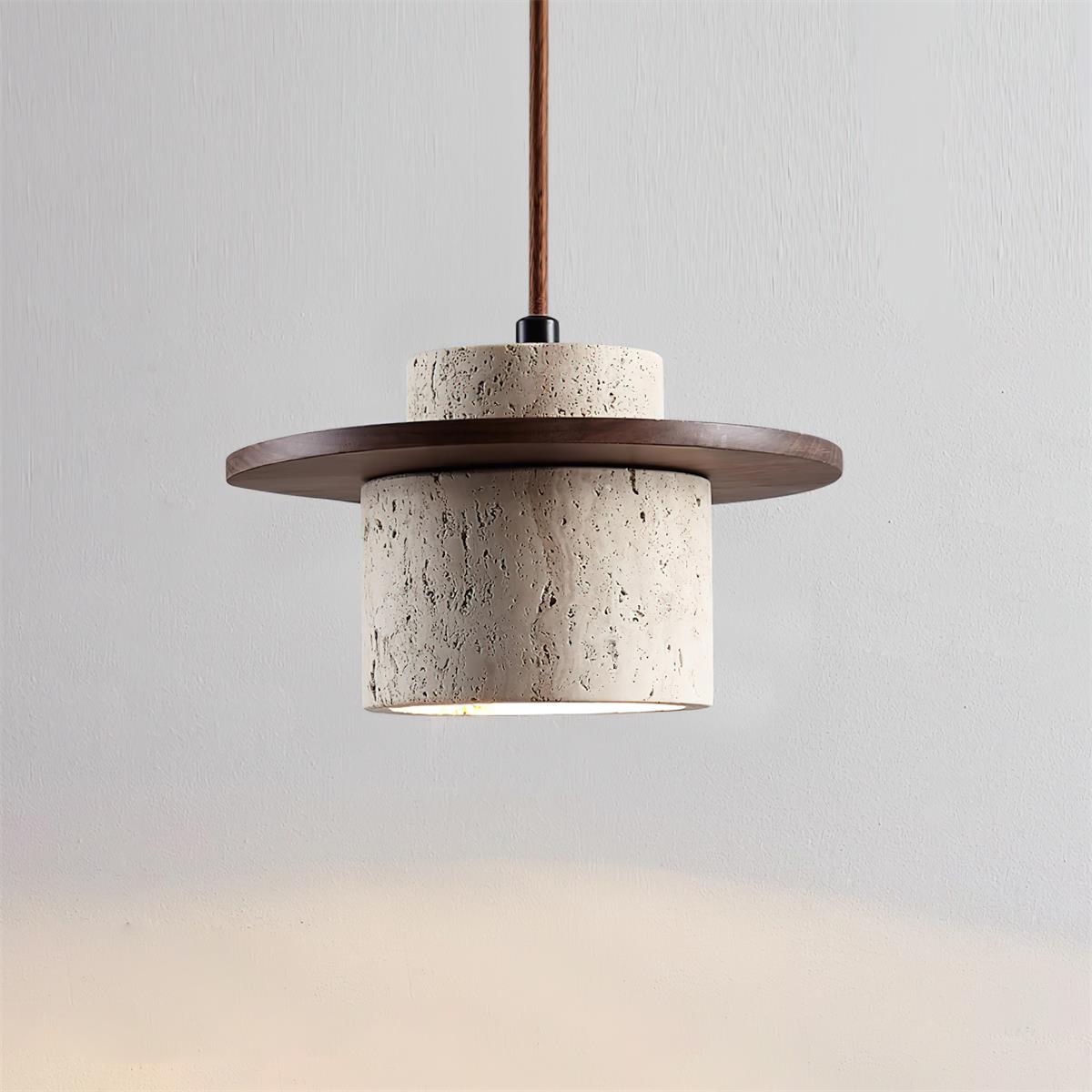 Pendant Lamp Travertine Cylinder Walnut Wood Disc Artisanal - Neutralighting