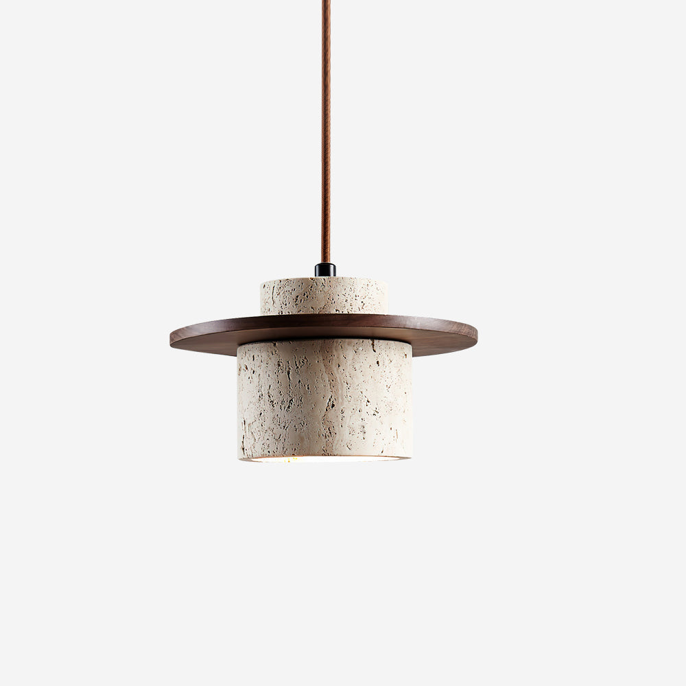 Pendant Lamp Travertine Cylinder Walnut Wood Disc Artisanal - Neutralighting