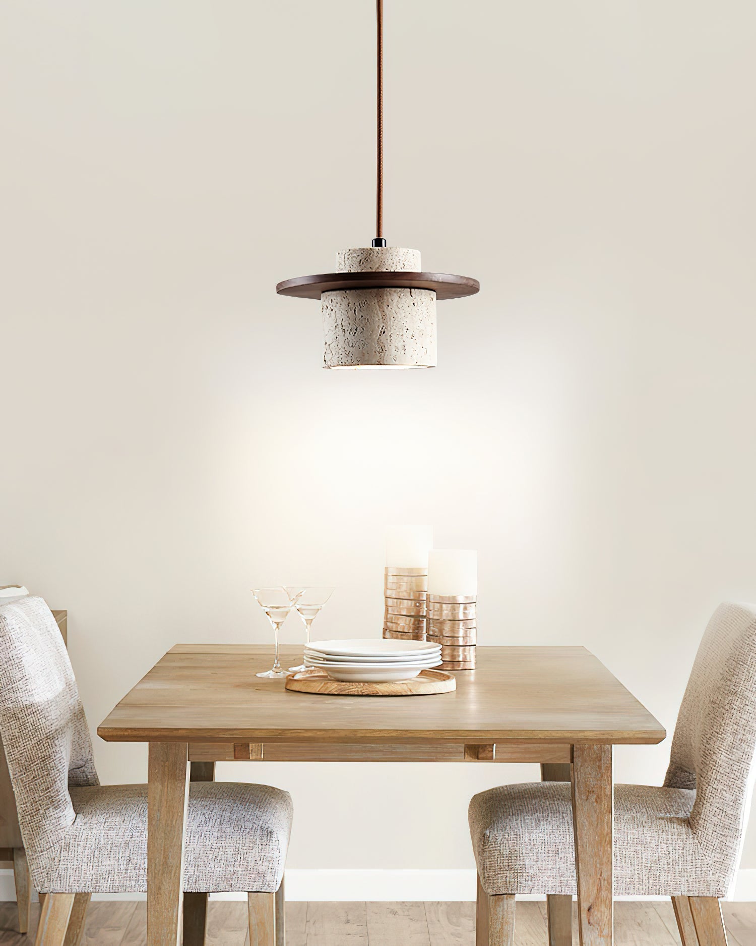 Pendant Lamp Travertine Cylinder Walnut Wood Disc Artisanal - Neutralighting