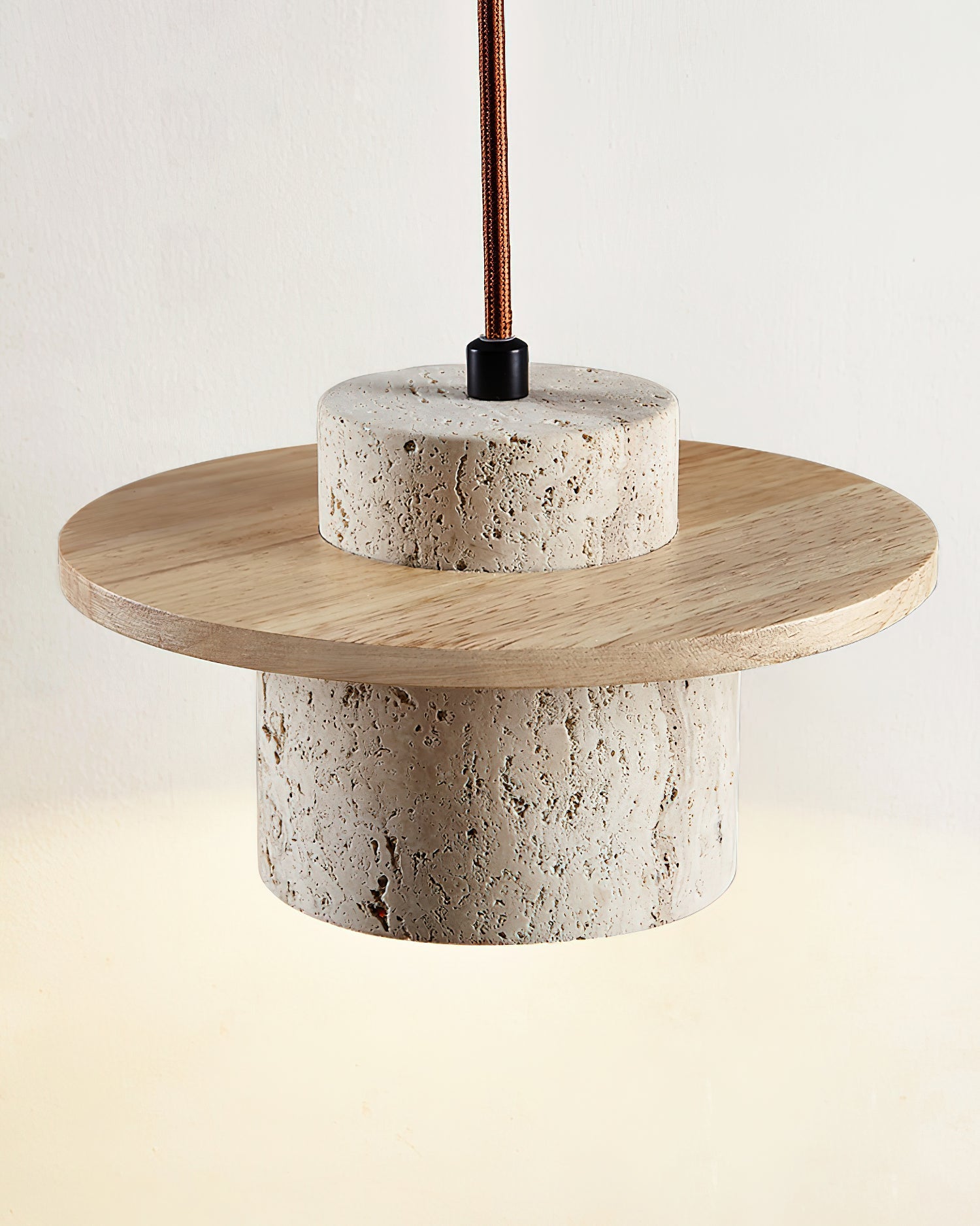 Pendant Lamp Travertine Cylinder Walnut Wood Disc Artisanal - Neutralighting