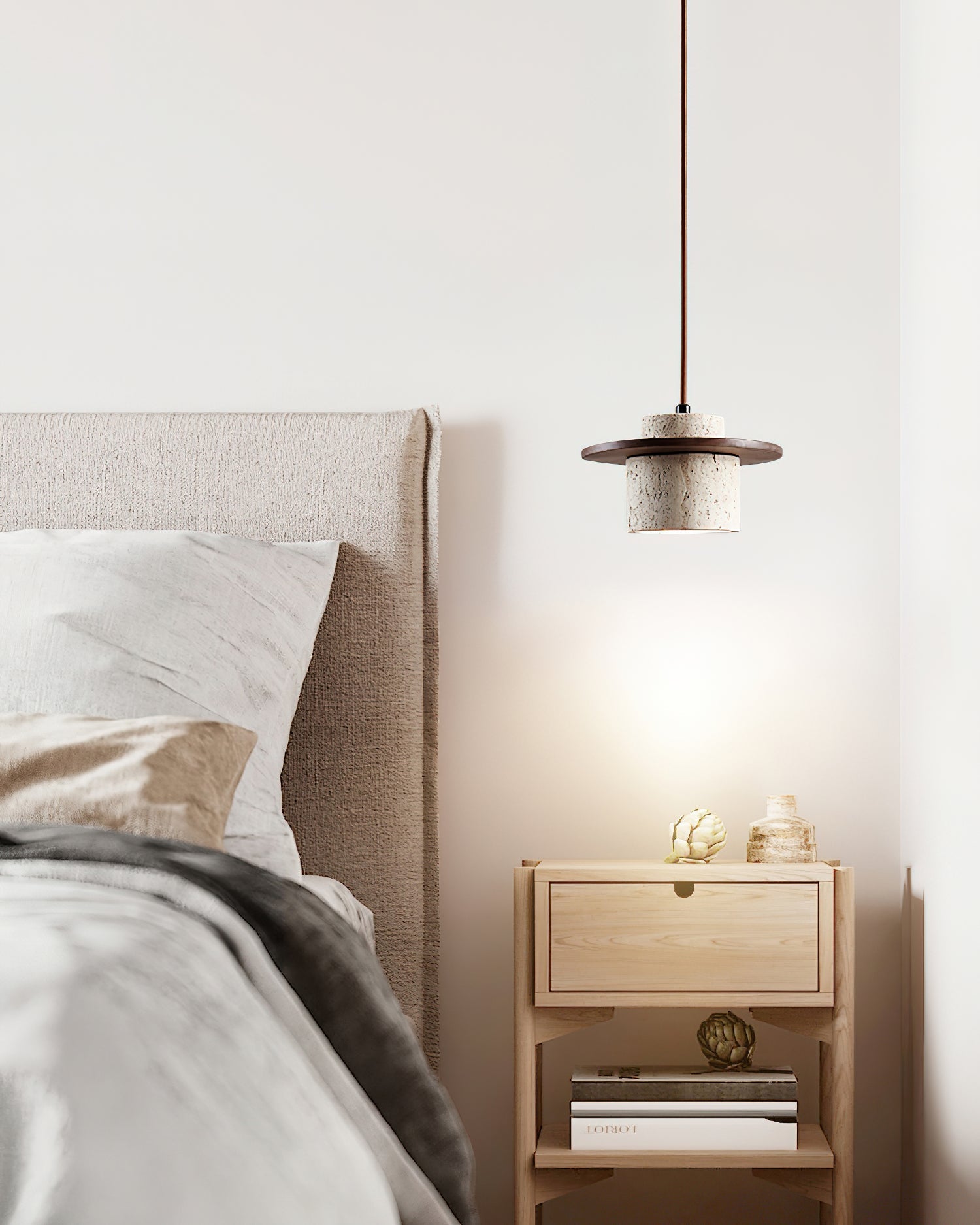 Pendant Lamp Travertine Cylinder Walnut Wood Disc Artisanal - Neutralighting