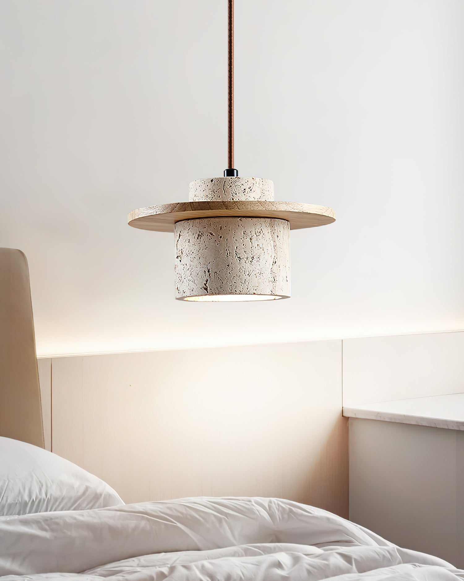 Pendant Lamp Travertine Cylinder Walnut Wood Disc Artisanal - Neutralighting