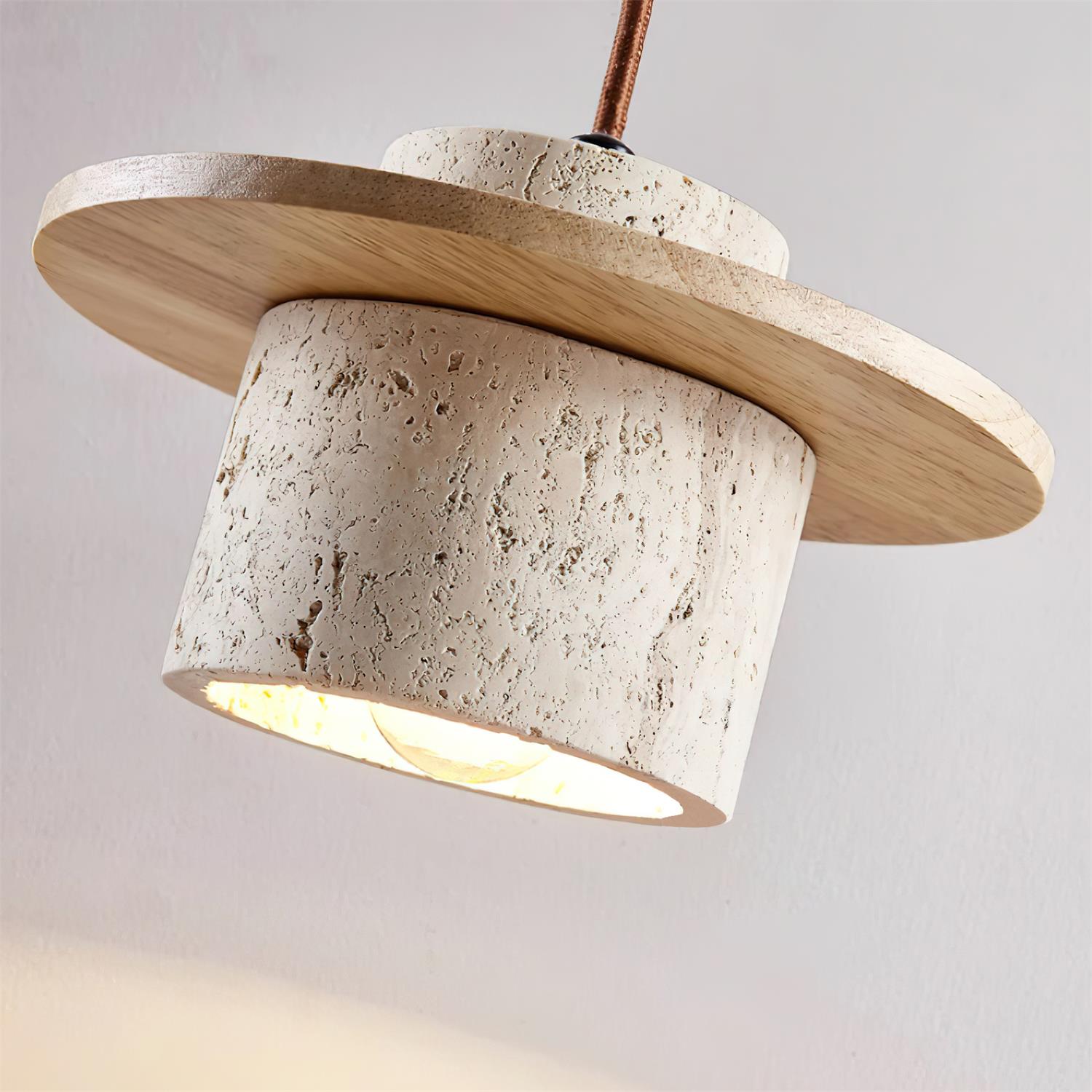Pendant Lamp Travertine Cylinder Walnut Wood Disc Artisanal - Neutralighting