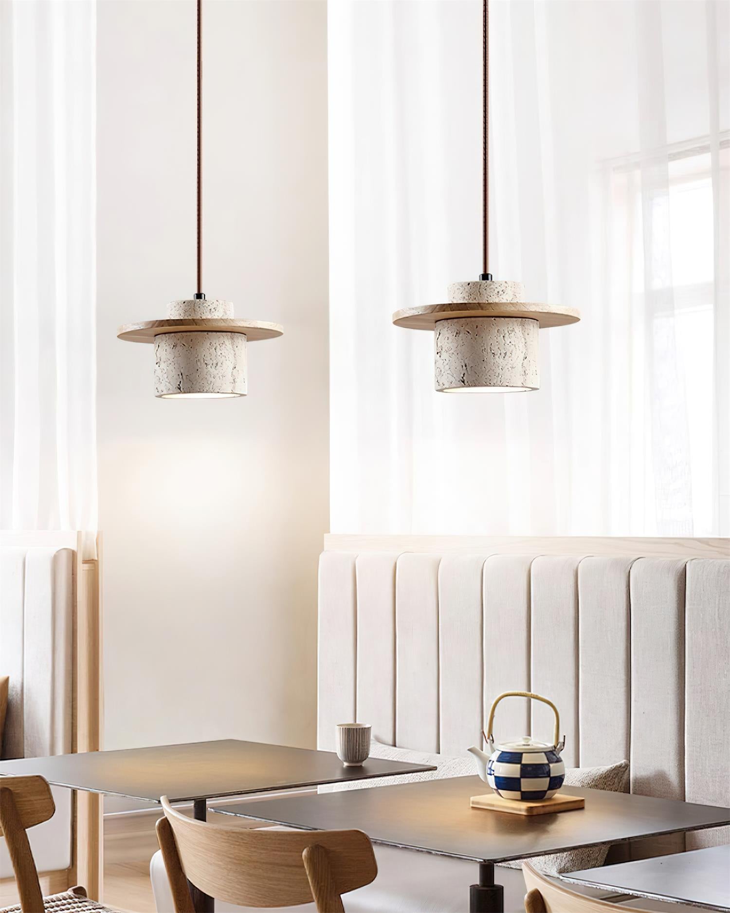 Pendant Lamp Travertine Cylinder Walnut Wood Disc Artisanal - Neutralighting