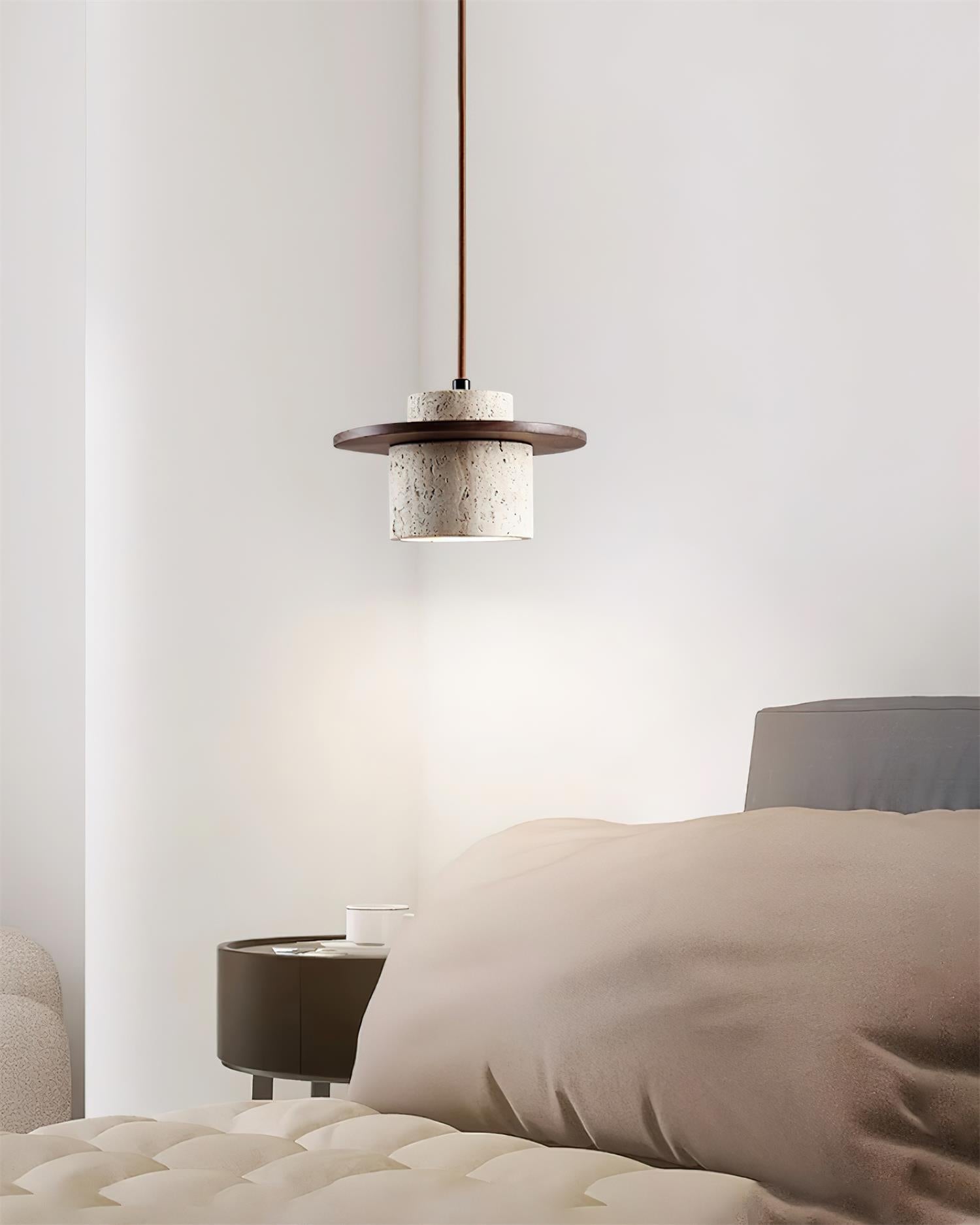 Pendant Lamp Travertine Cylinder Walnut Wood Disc Artisanal - Neutralighting