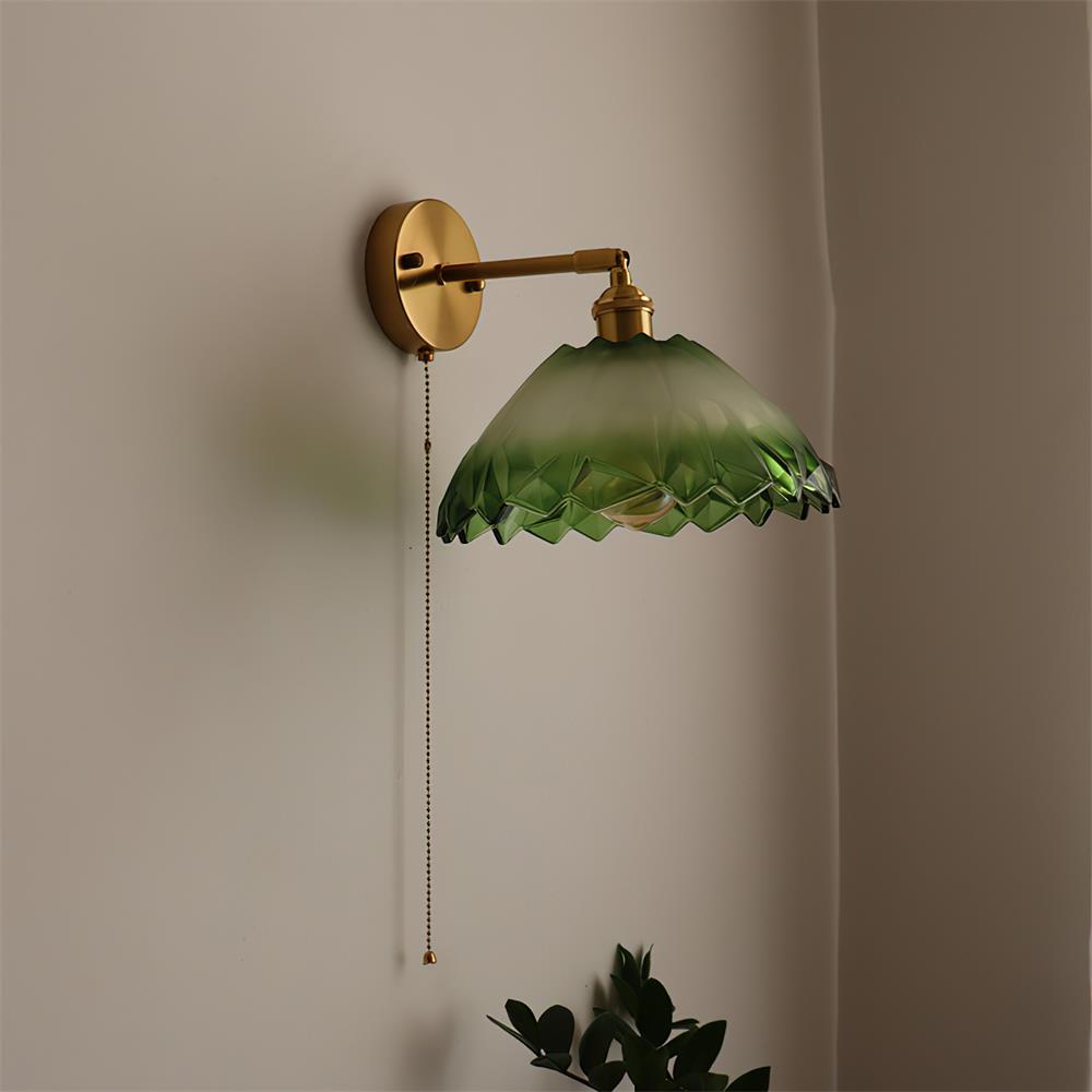 Wall Lamp Brass with Green/Clear Glass Shade and Pull Chain - Neutralighting