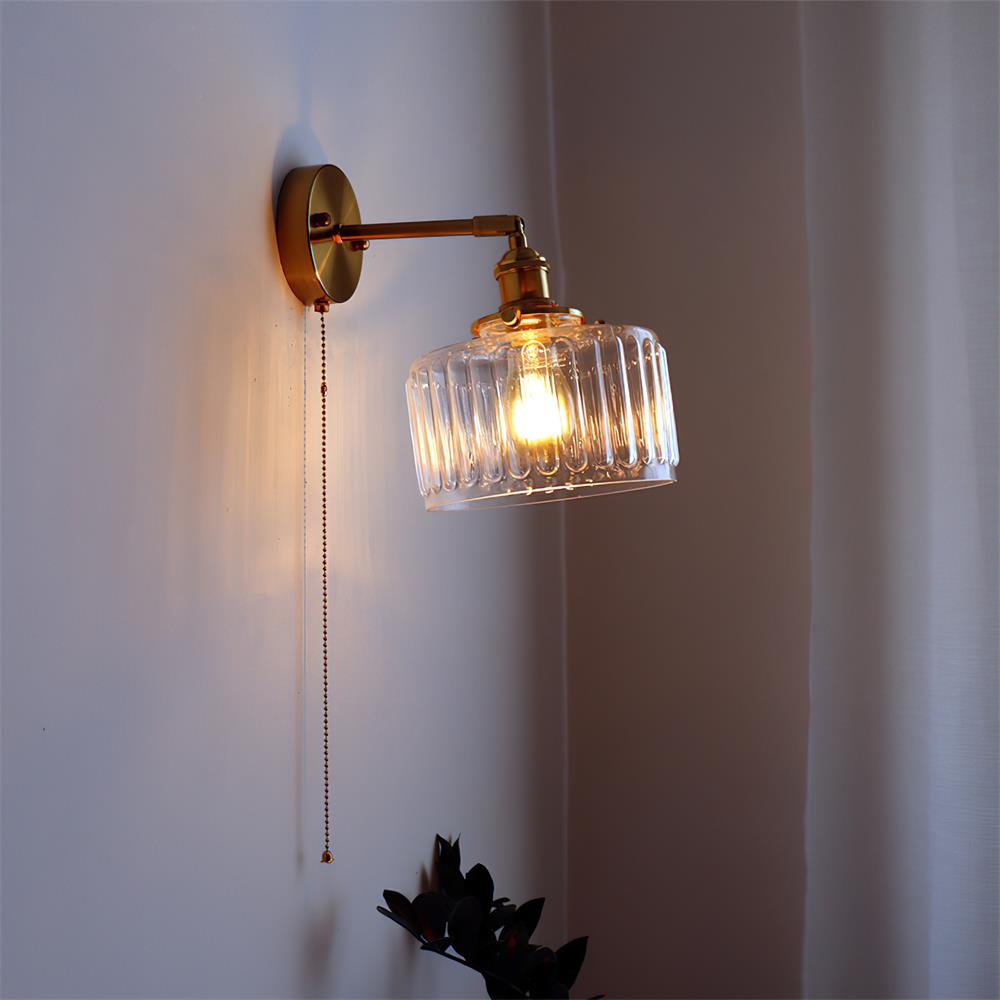 Wall Lamp Brass with Green/Clear Glass Shade and Pull Chain - Neutralighting