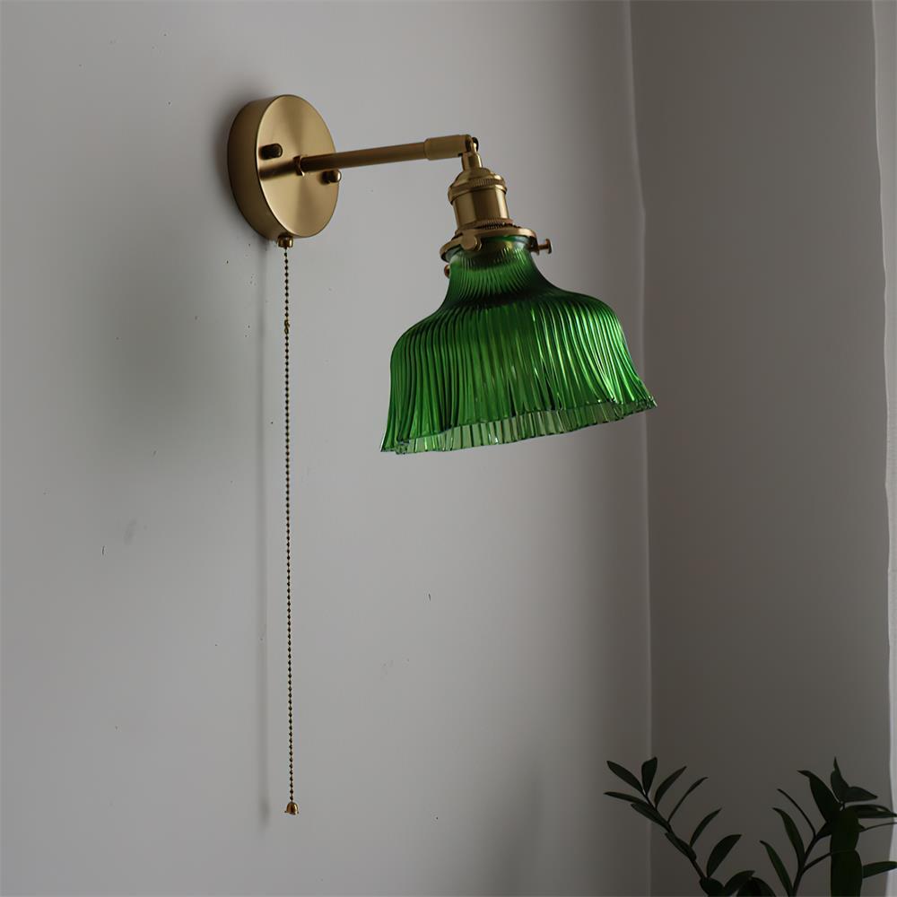 Wall Lamp Brass with Green/Clear Glass Shade and Pull Chain - Neutralighting