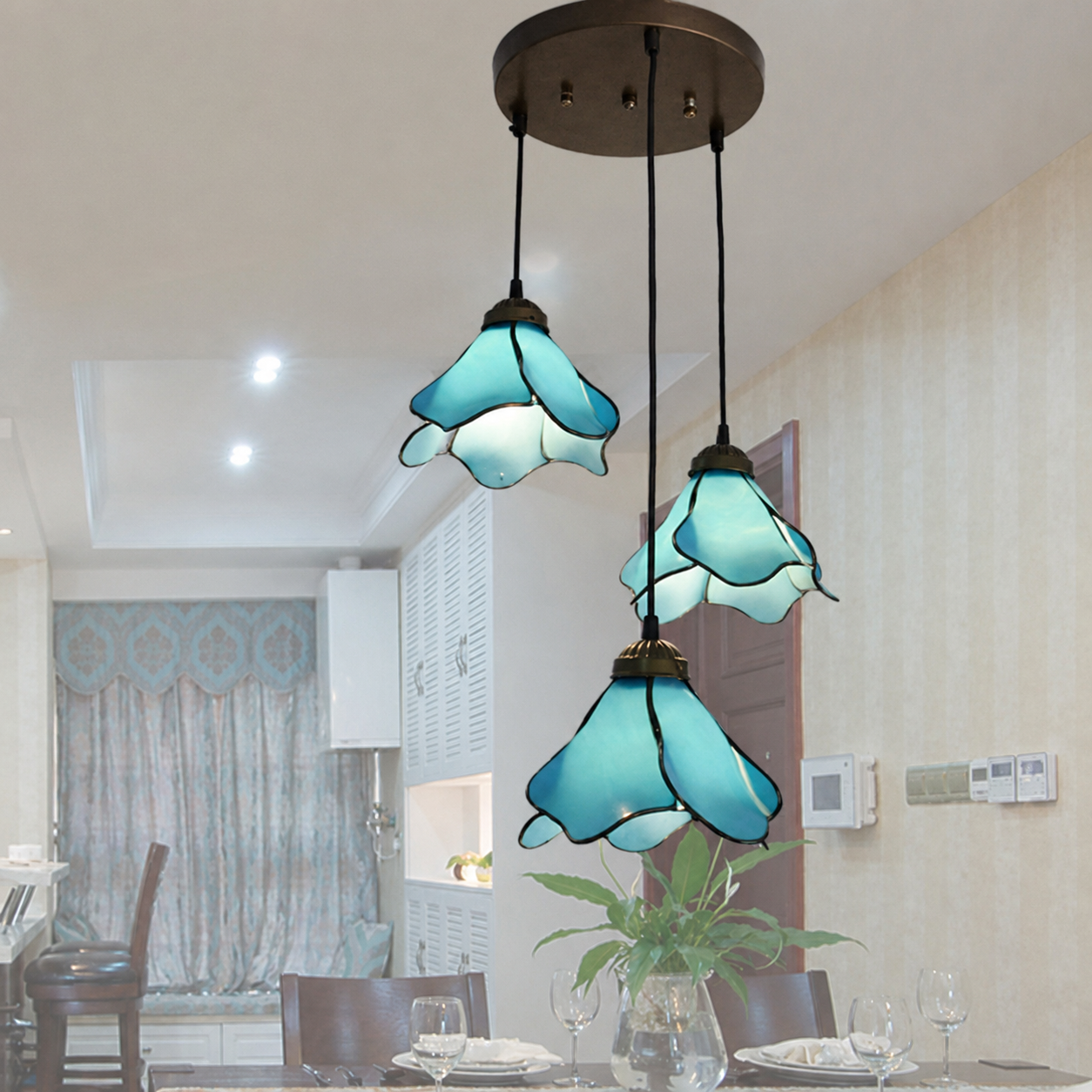 Arisha Flower Glass Pendant Light, Blue/Pink, 1/3 Heads