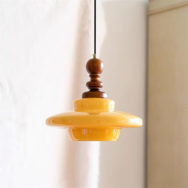 Pendant Lamp Yellow Glass with Walnut Wood Accent Retro - Neutralighting