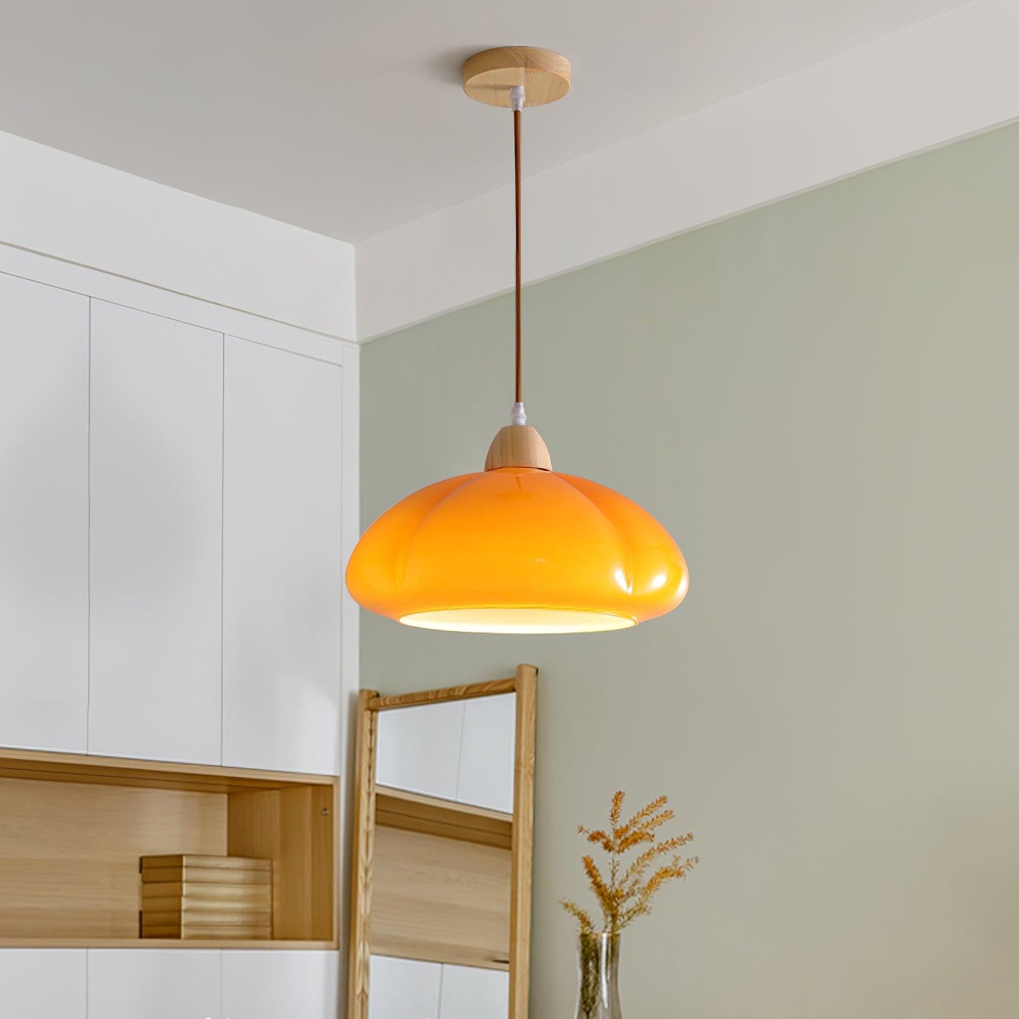 Pendant Lamp Rounded Glass Shade Wood Accent Playful Modern Touch - Neutralighting