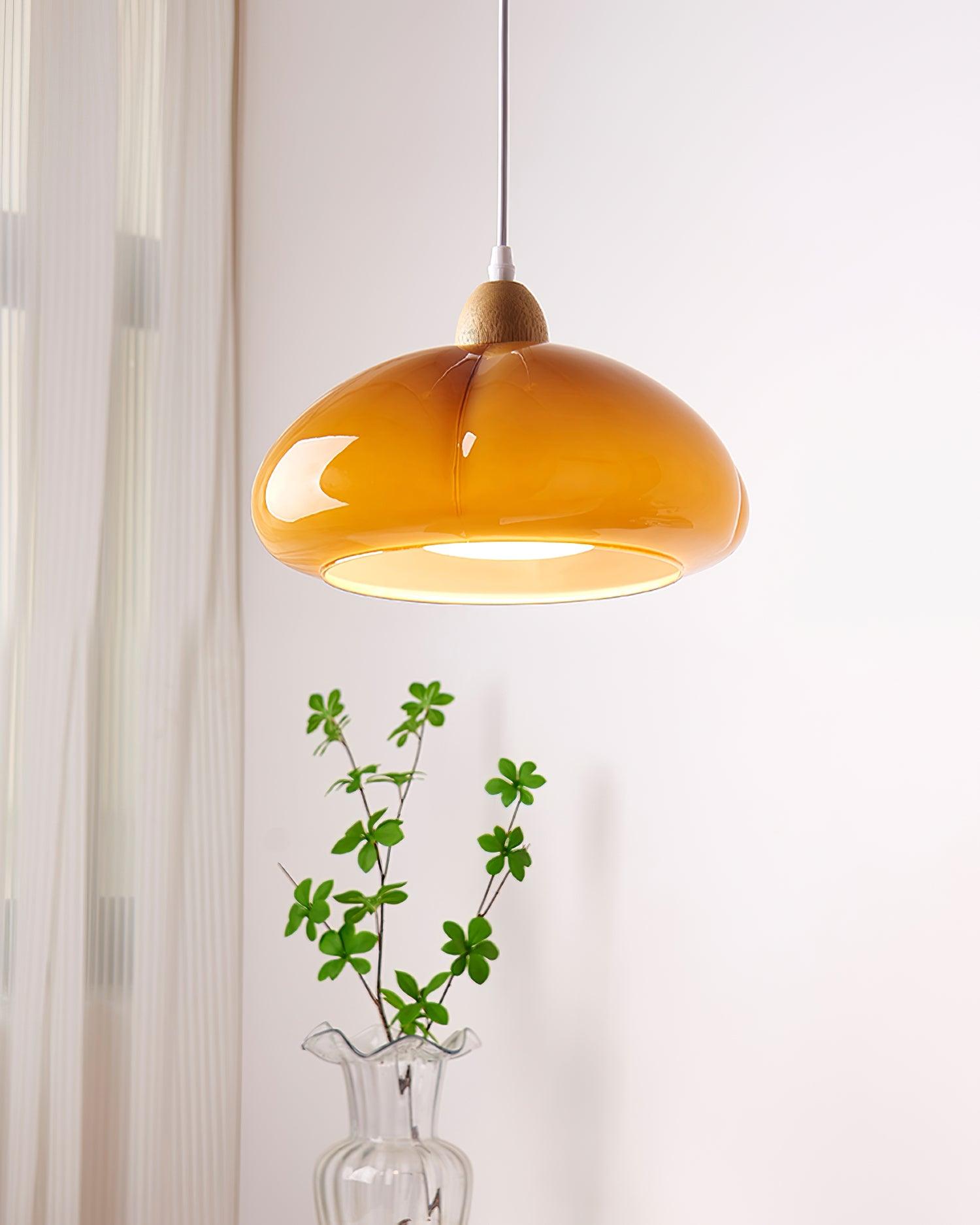 Pendant Lamp Rounded Glass Shade Wood Accent Playful Modern Touch - Neutralighting