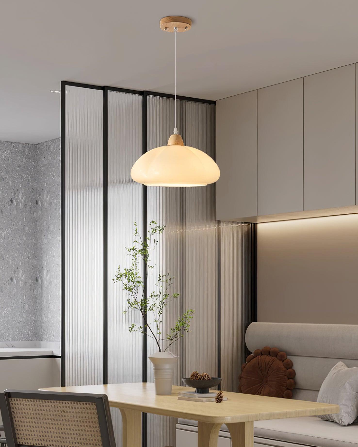 Pendant Lamp Rounded Glass Shade Wood Accent Playful Modern Touch - Neutralighting