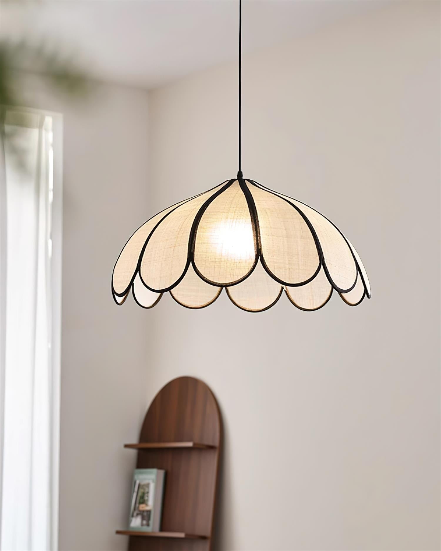 Pendant Lamp Scalloped Plant Fiber Shade Metal Frame Minimalist - Neutralighting