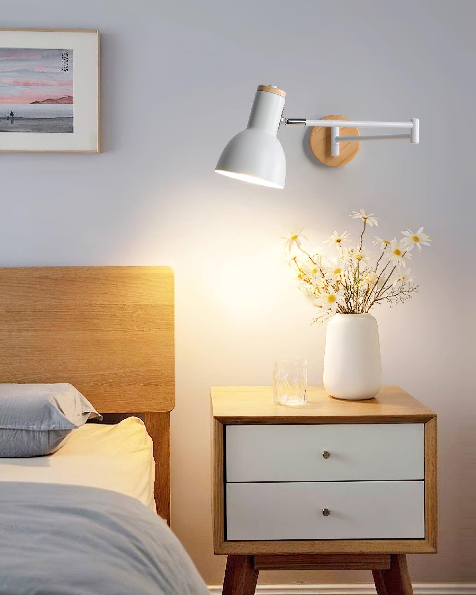 Wall Lamp Adjustable Arm Cone Shade Wood Base Modern Study - Neutralighting
