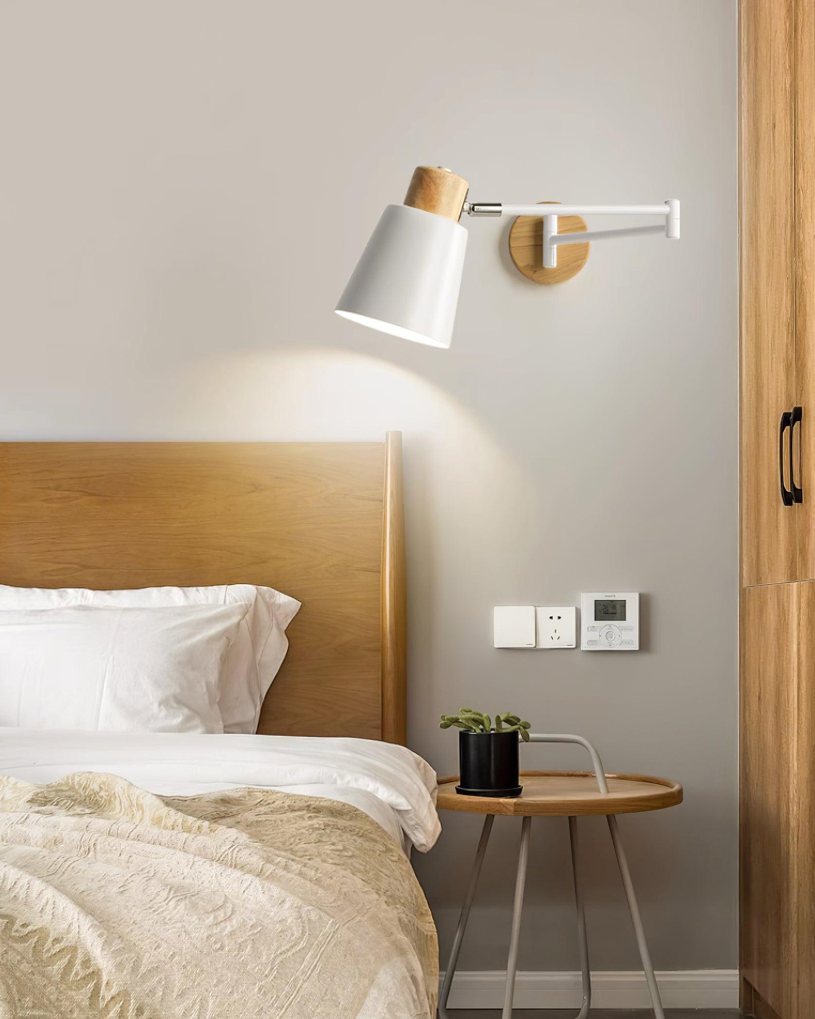 Wall Lamp Adjustable Arm Cone Shade Wood Base Modern Study - Neutralighting