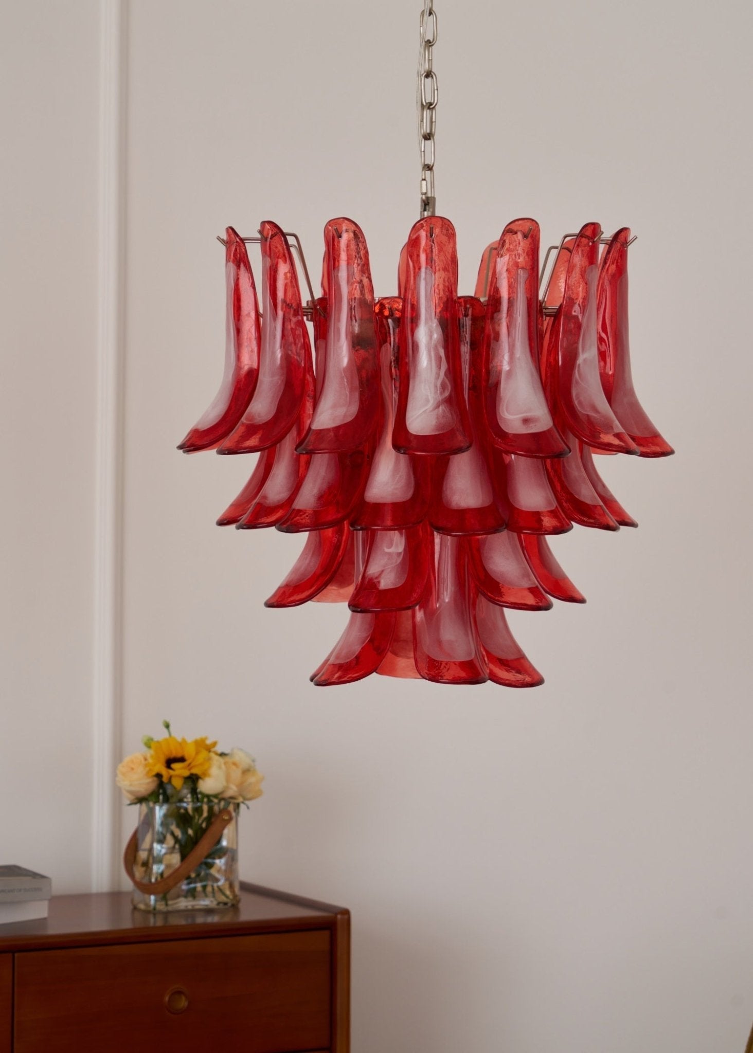 Aurora Chandelier Crimson Murano Glass Petals Layered Vintage