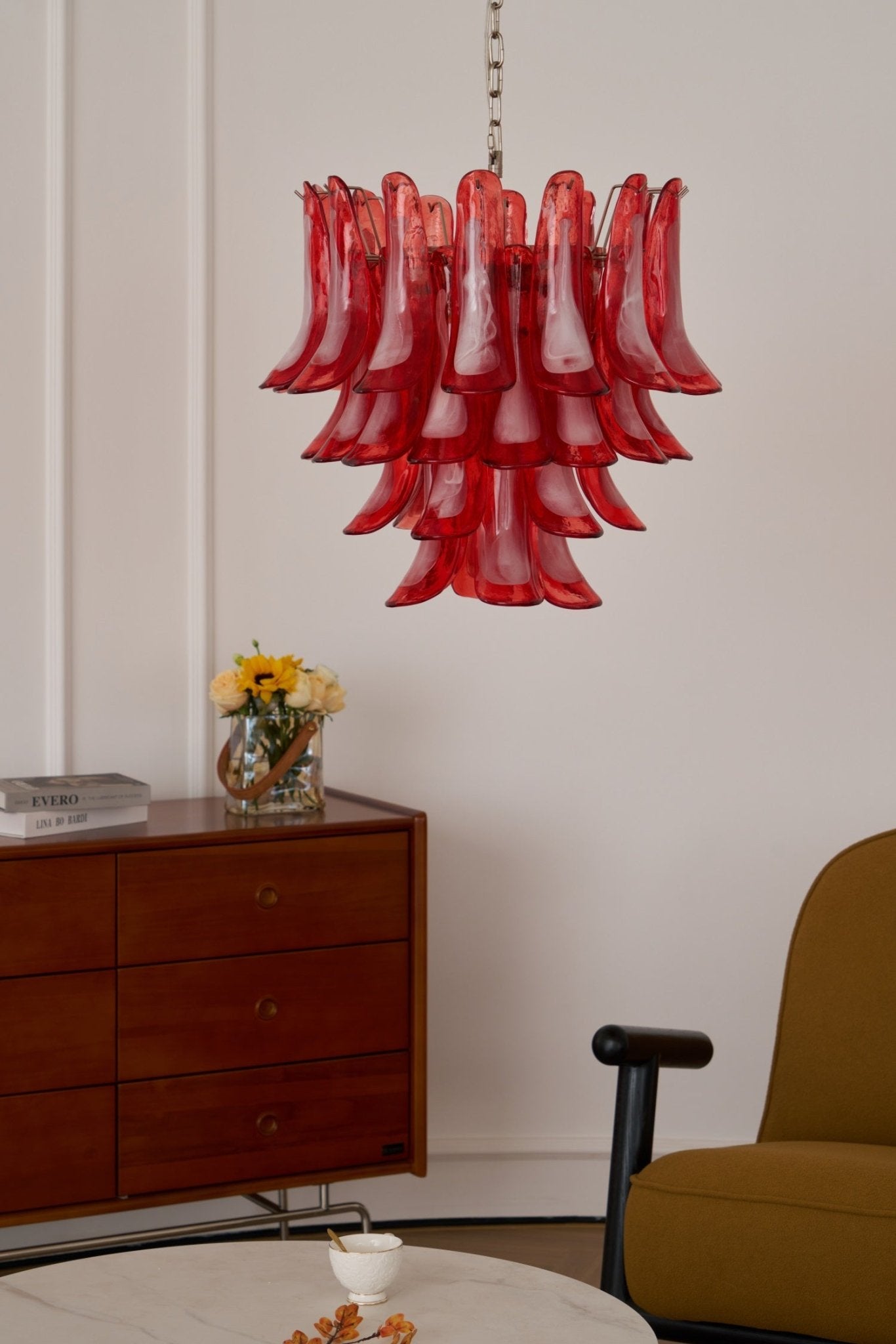 Aurora Chandelier Crimson Murano Glass Petals Layered Vintage