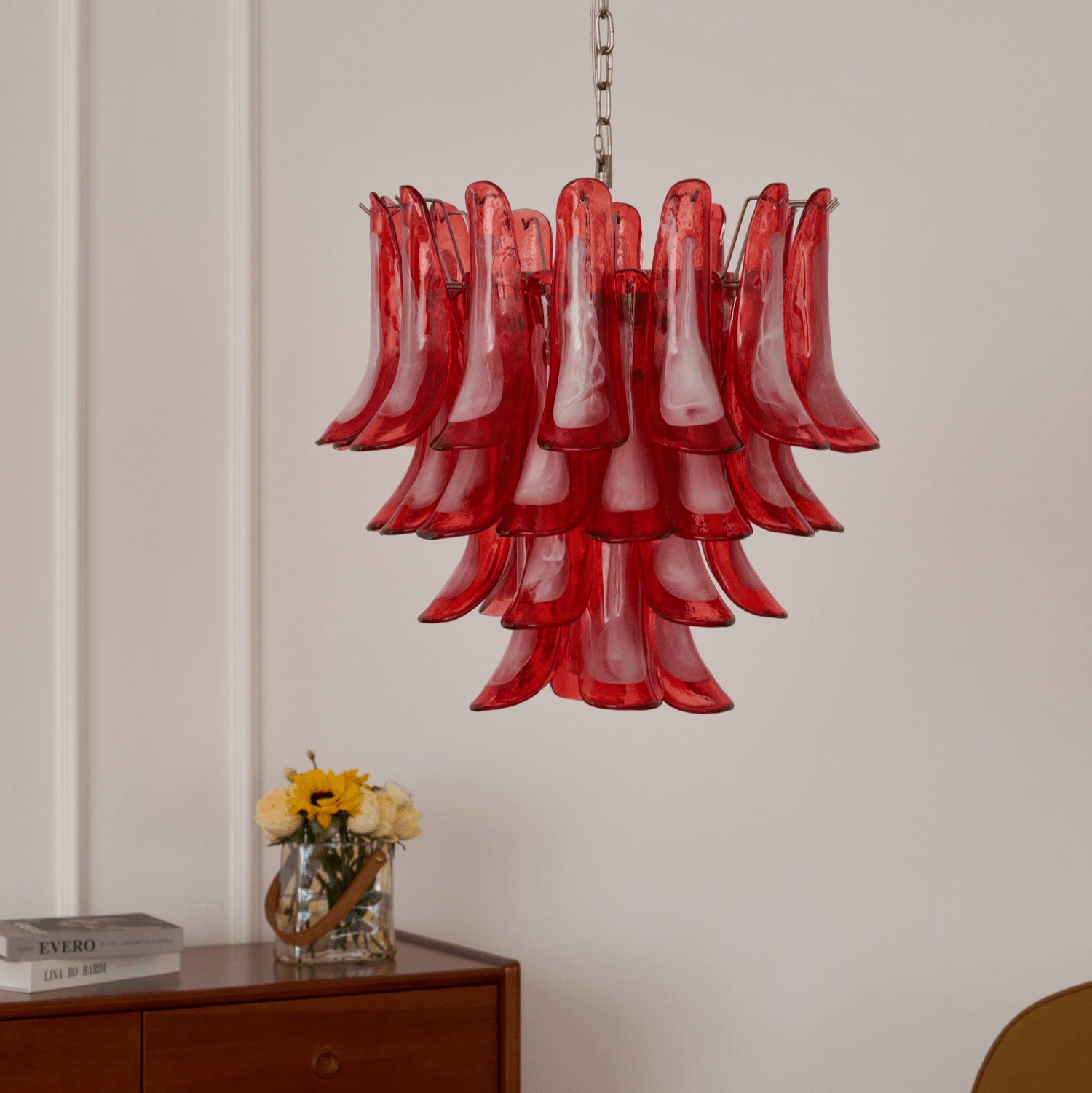 Aurora Chandelier Crimson Murano Glass Petals Layered Vintage