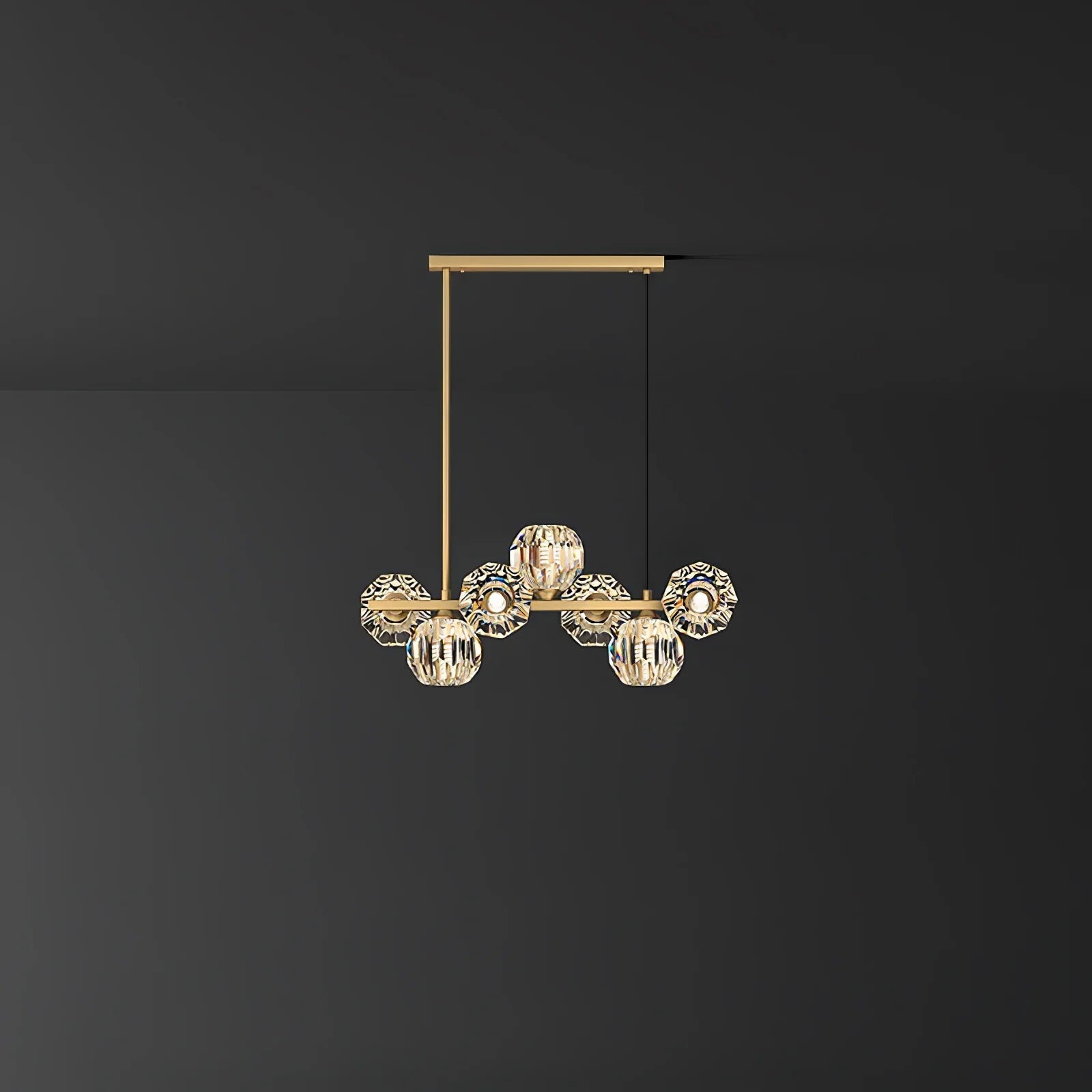 Valentina Modern LED Long Linear Metal Brass Multi Crystal Glass Globe Living/Dining Room Pendant Light - Neutralighting